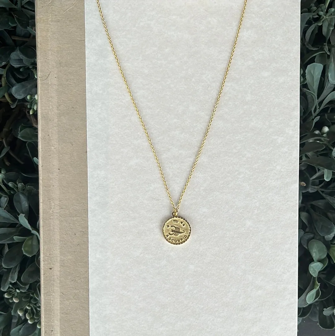 14k Horoscope Disc Necklace, SCORPIO crystal boost