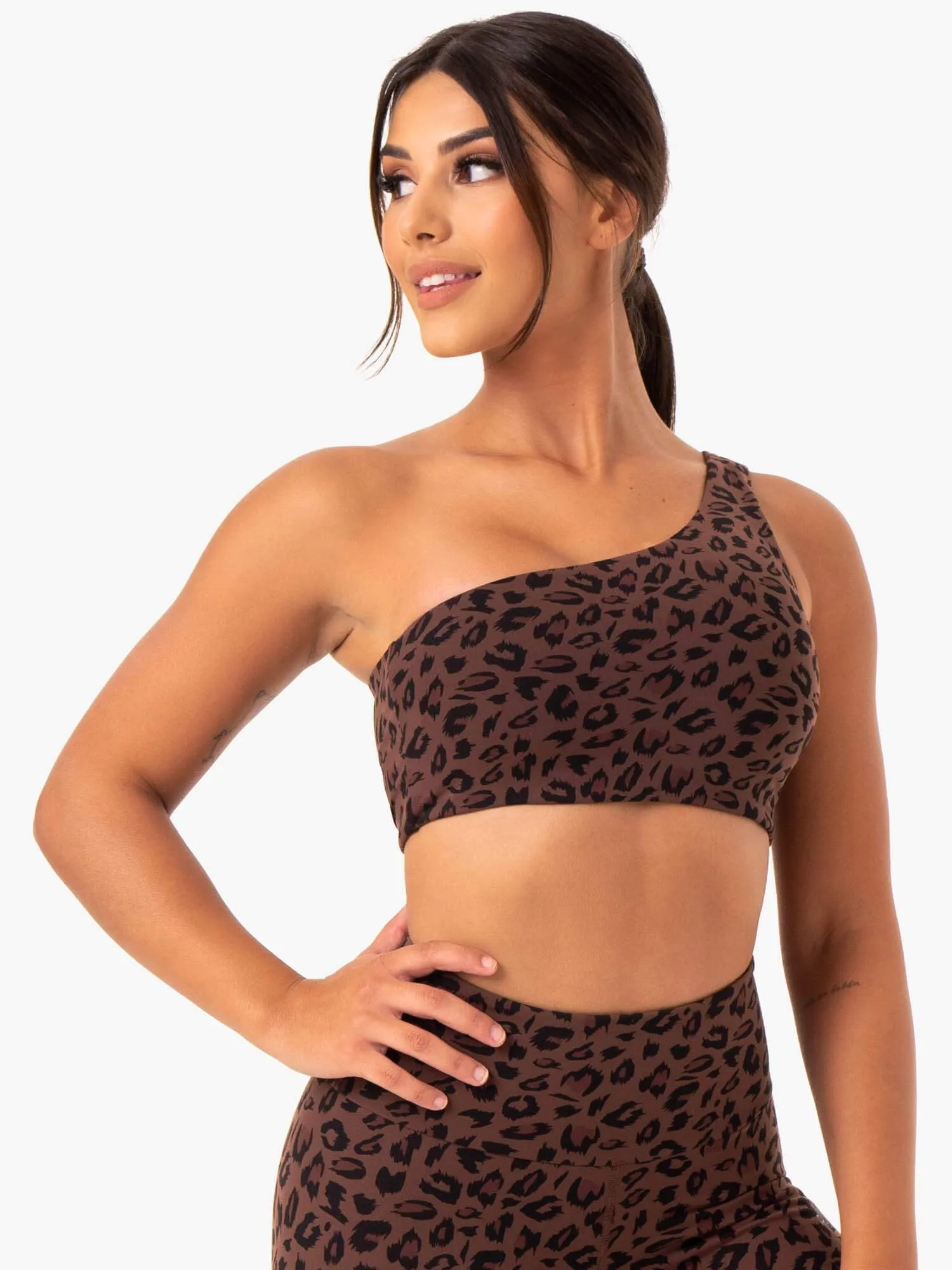 Adapt One Shoulder Sports Bra - Chocolate Leopard Elastic Band