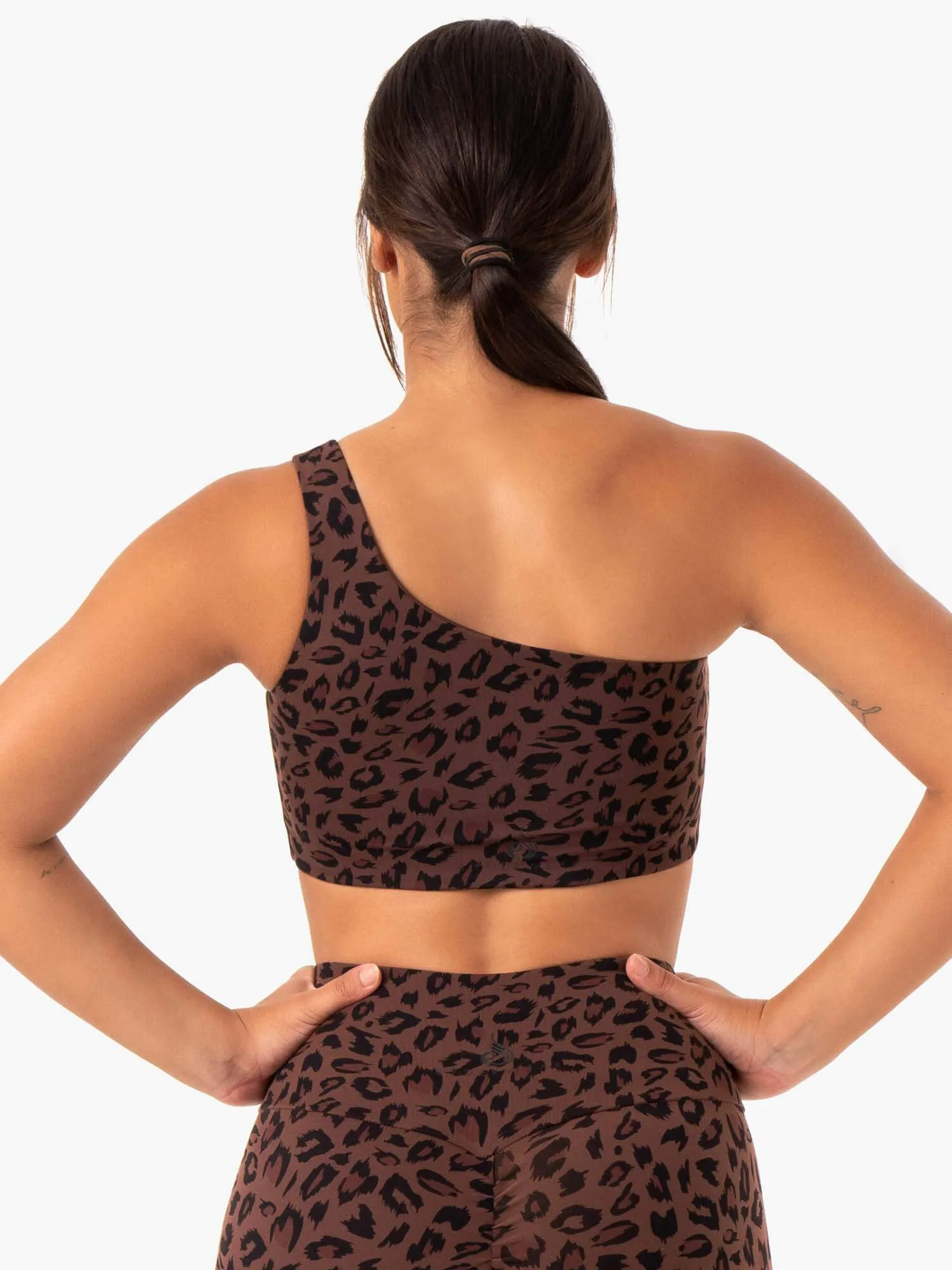 Adapt One Shoulder Sports Bra - Chocolate Leopard Thin Material