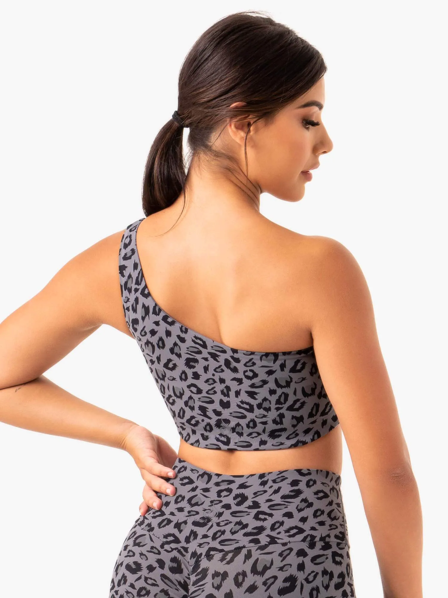 Adapt One Shoulder Sports Bra - Grey Leopard High Elastic