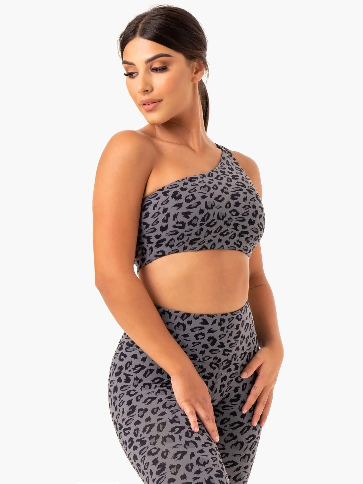 Adapt One Shoulder Sports Bra - Grey Leopard All Day Wear