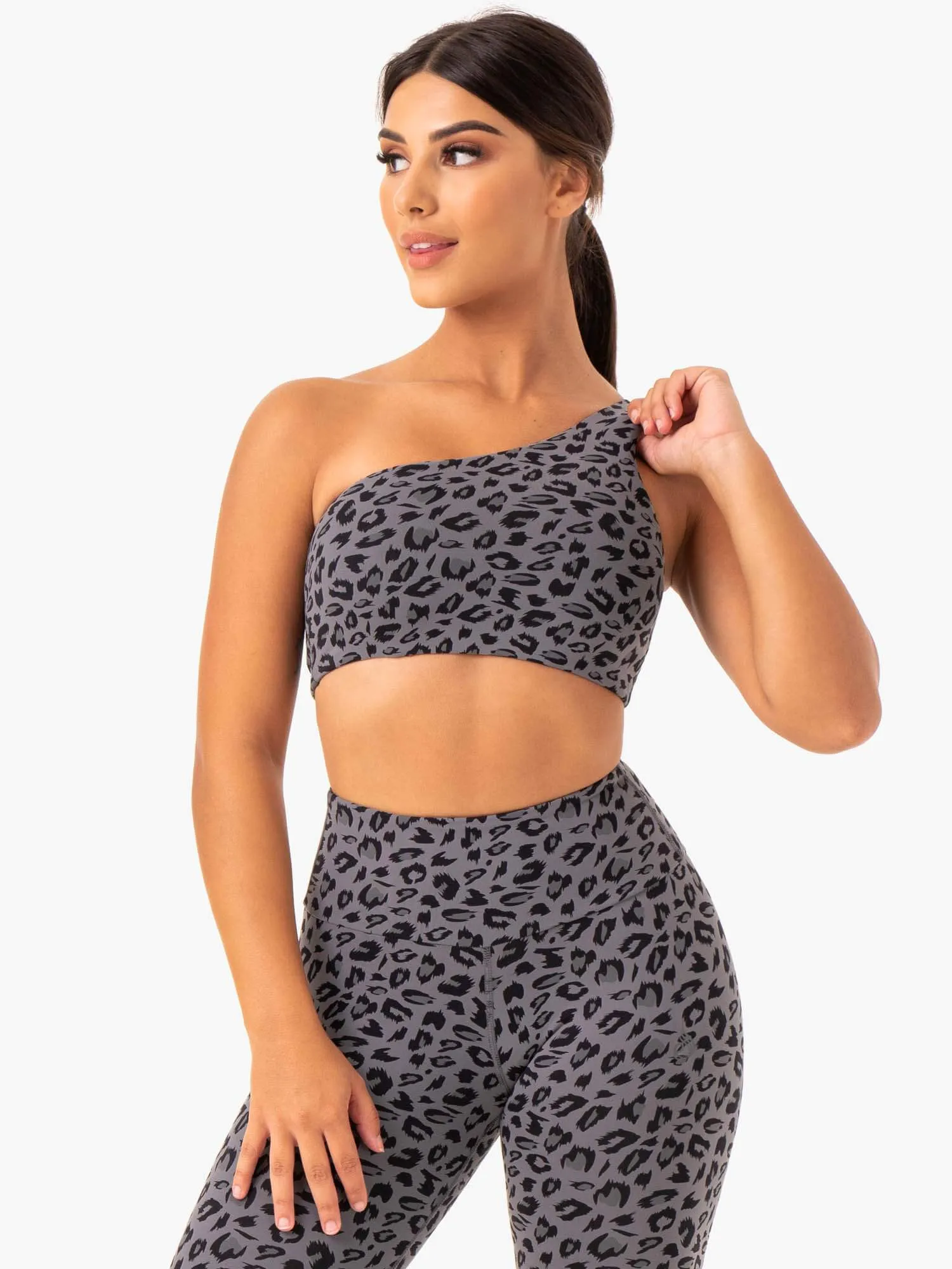 Adapt One Shoulder Sports Bra - Grey Leopard Soft Fabric