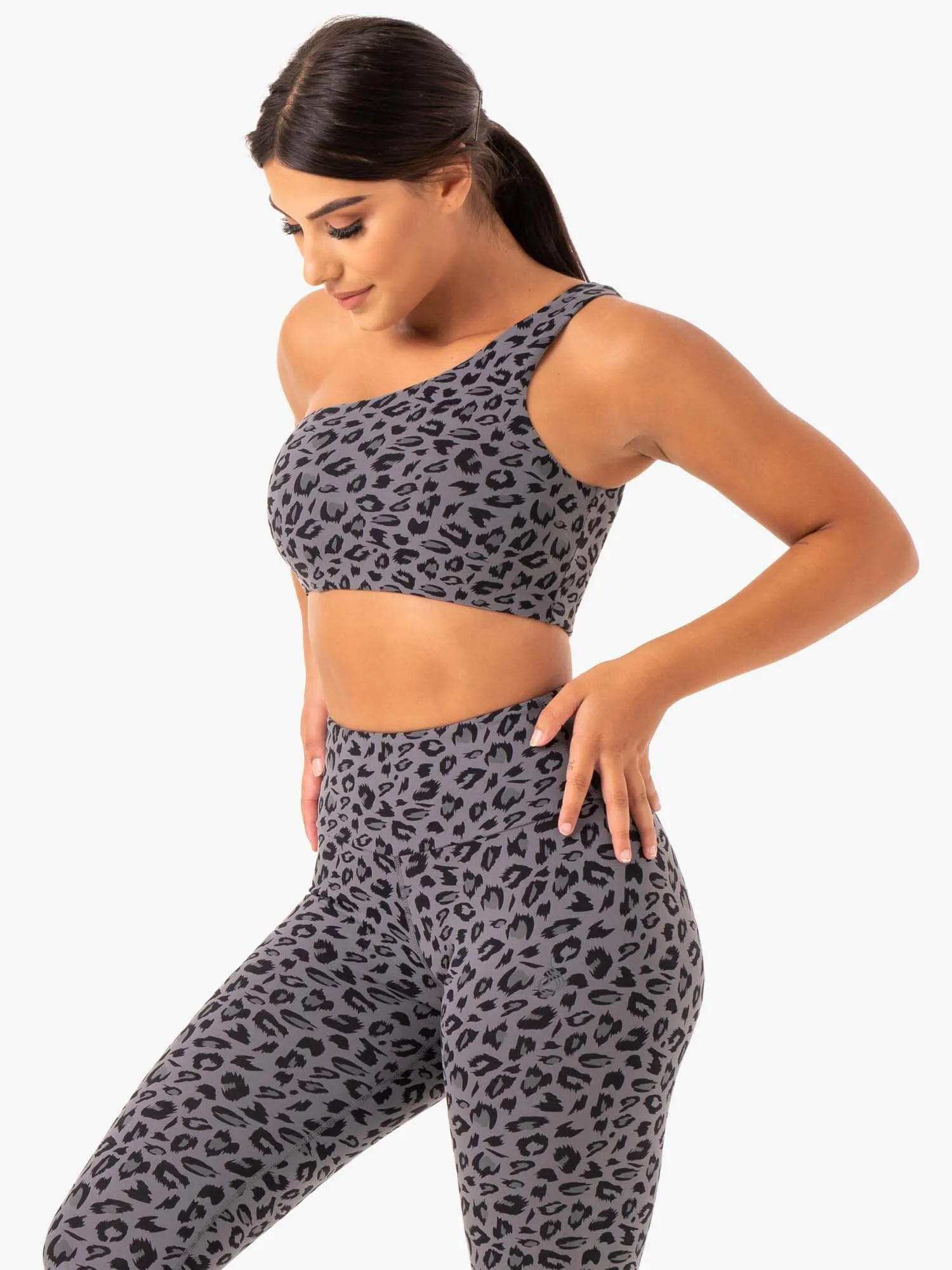 Adapt One Shoulder Sports Bra - Grey Leopard Body Fit