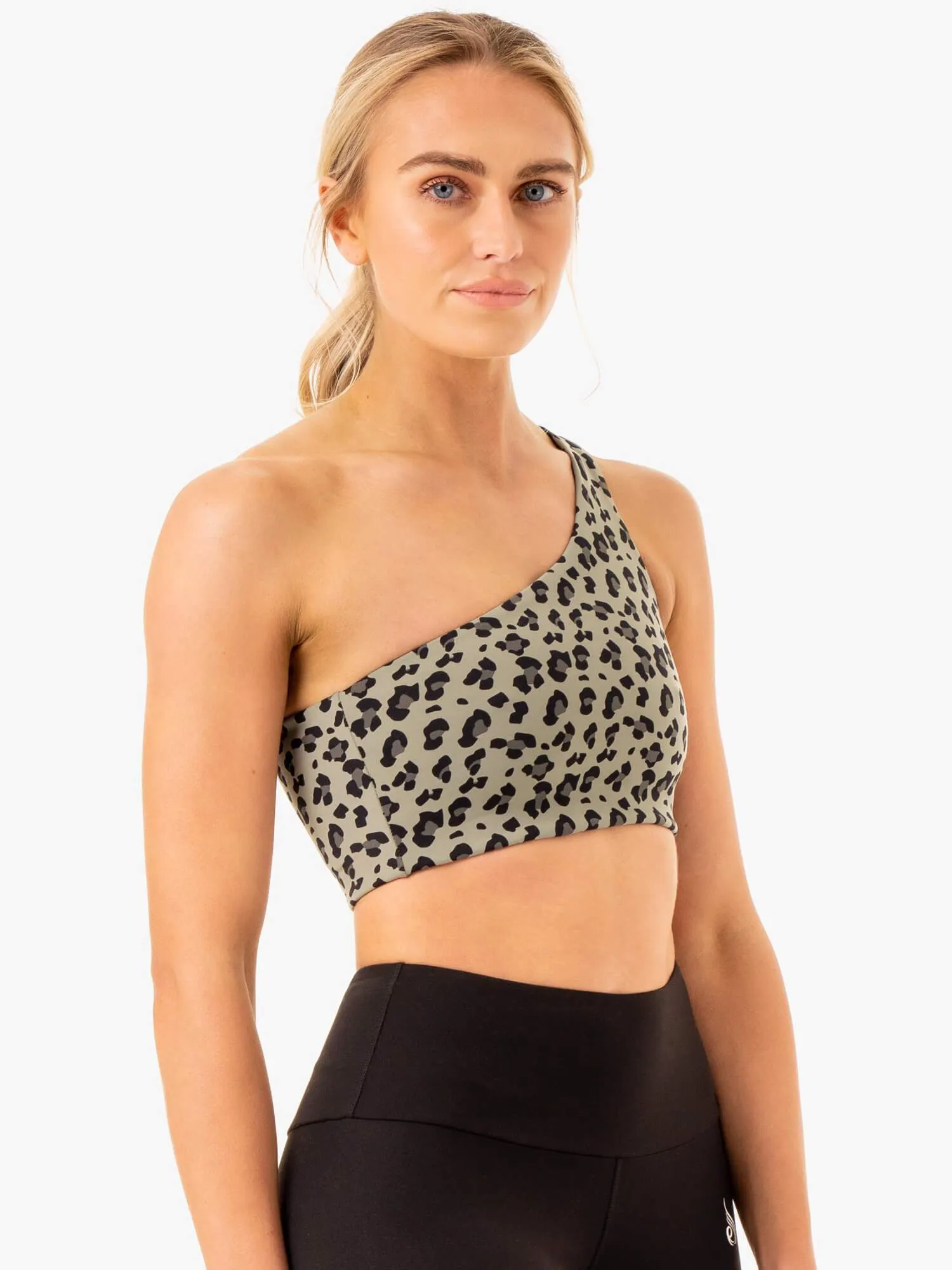 Adapt One Shoulder Sports Bra - Khaki Leopard Stay In Place