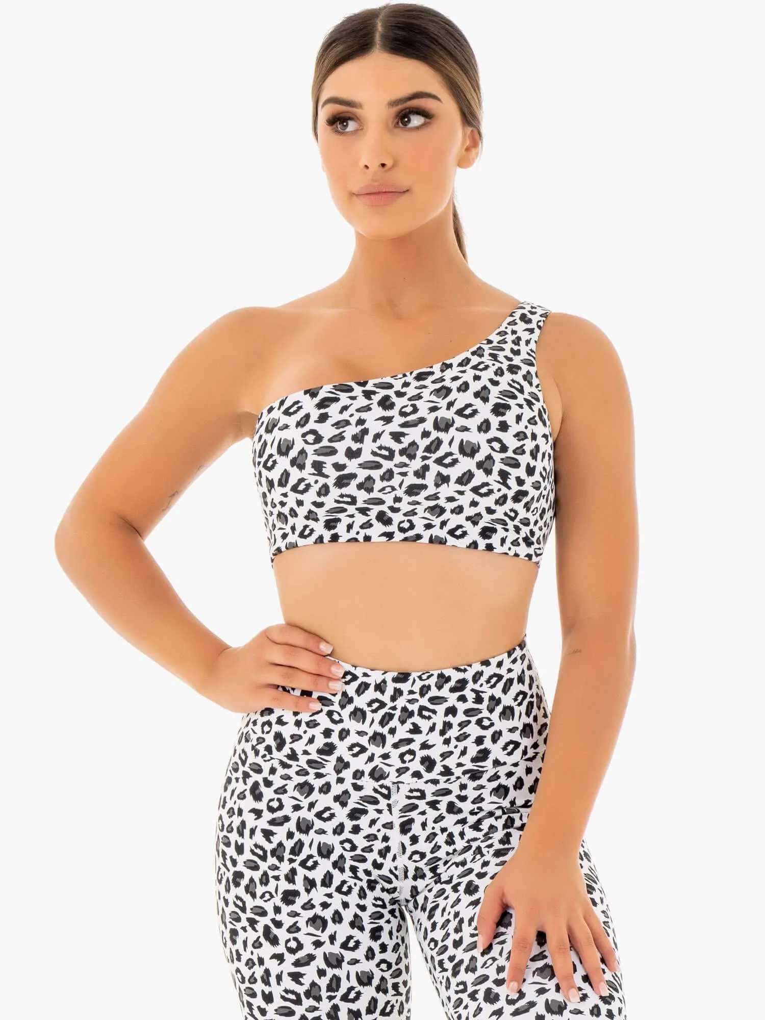 Adapt One Shoulder Sports Bra - Snow Leopard Elastic Design