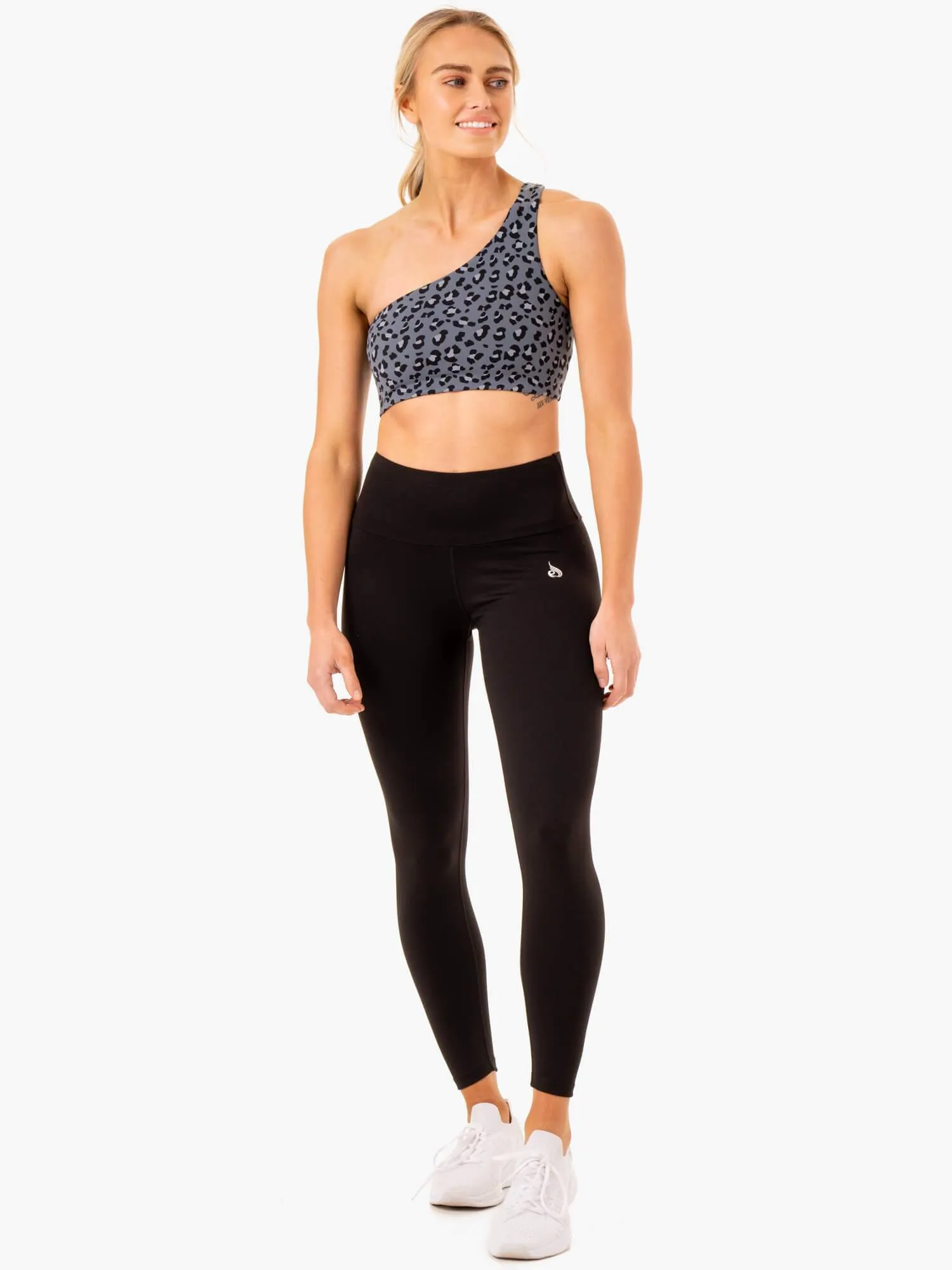 Adapt One Shoulder Sports Bra - Steel Blue Leopard Comfort Fit