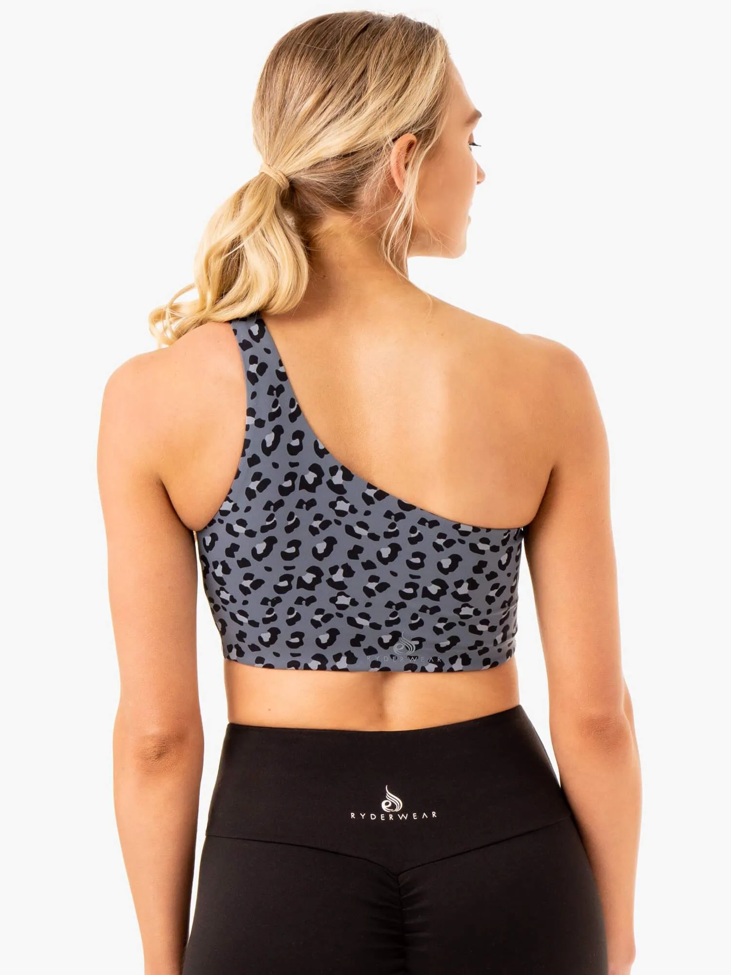 Adapt One Shoulder Sports Bra - Steel Blue Leopard Flexible Stretch