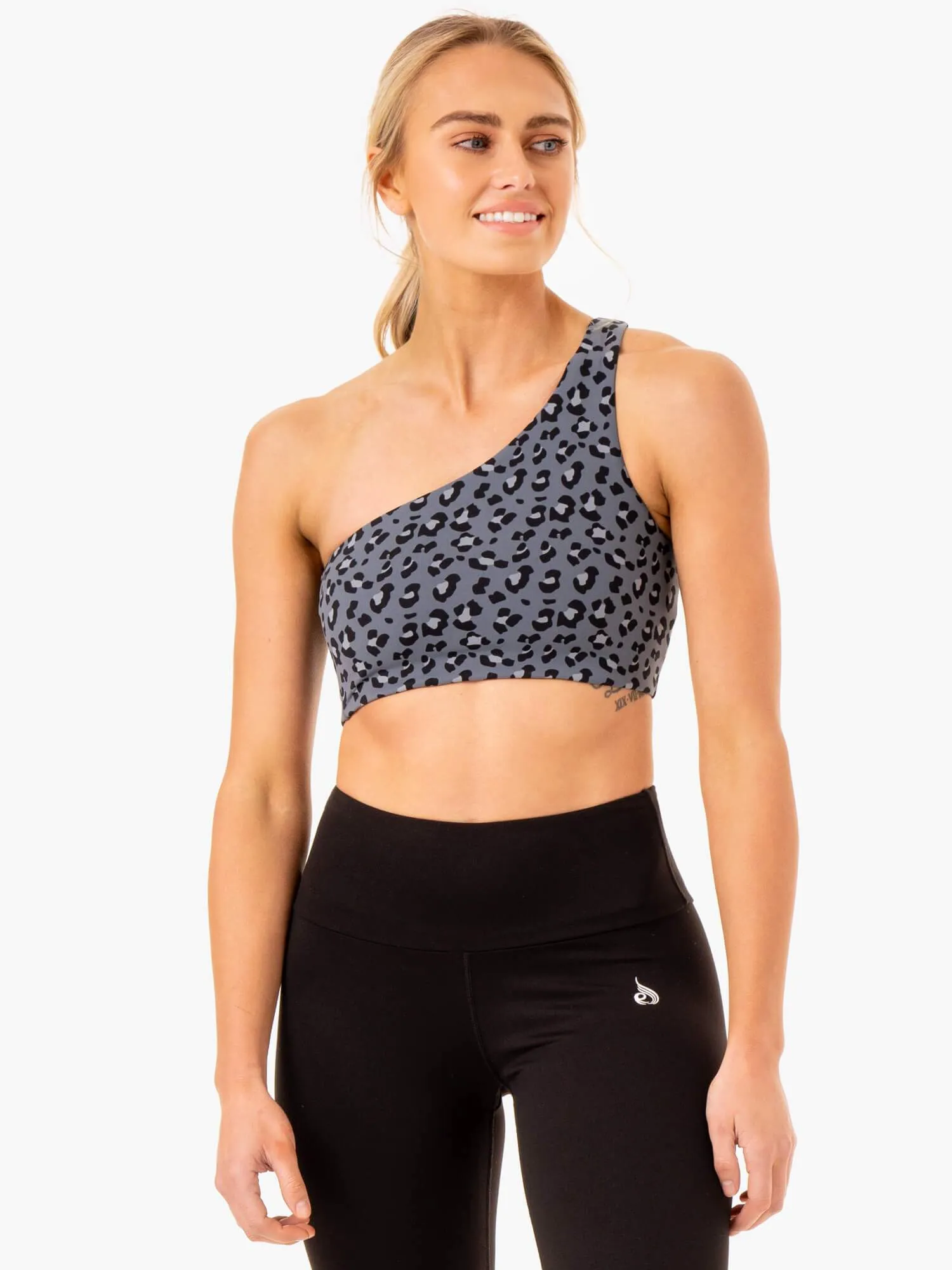 Adapt One Shoulder Sports Bra - Steel Blue Leopard Strong Grip