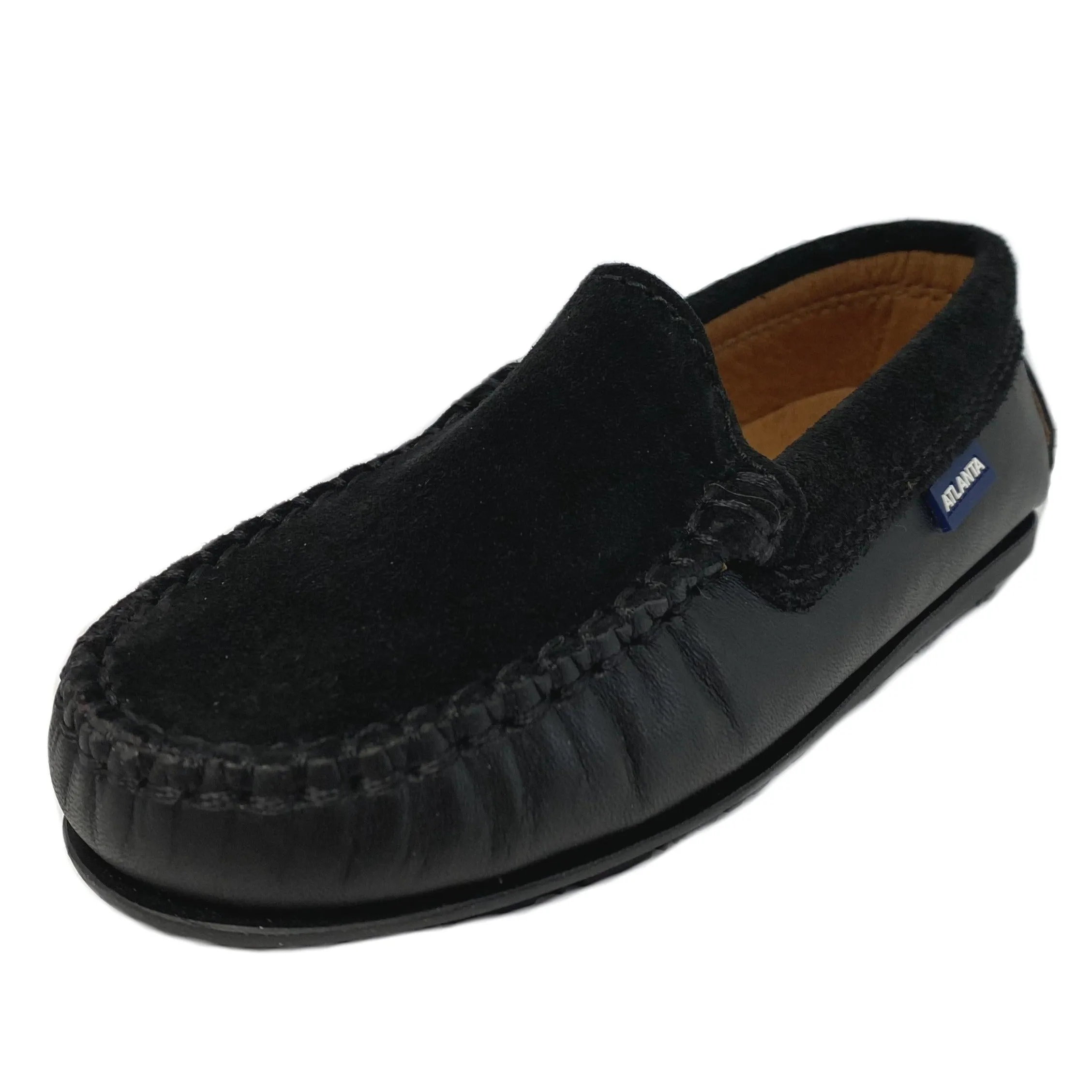 Atlanta Mocassin Boy's and Girl's Mocs, Black Leather/Black Suede dapper touch
