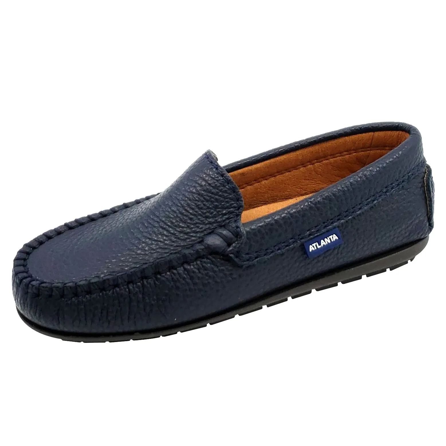 Atlanta Mocassin Boy's and Girl's Pebbled Leather Loafers, Navy Blue tone down