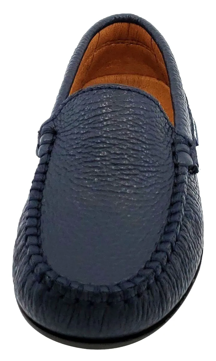 Atlanta Mocassin Boy's and Girl's Pebbled Leather Loafers, Navy Blue fine detail