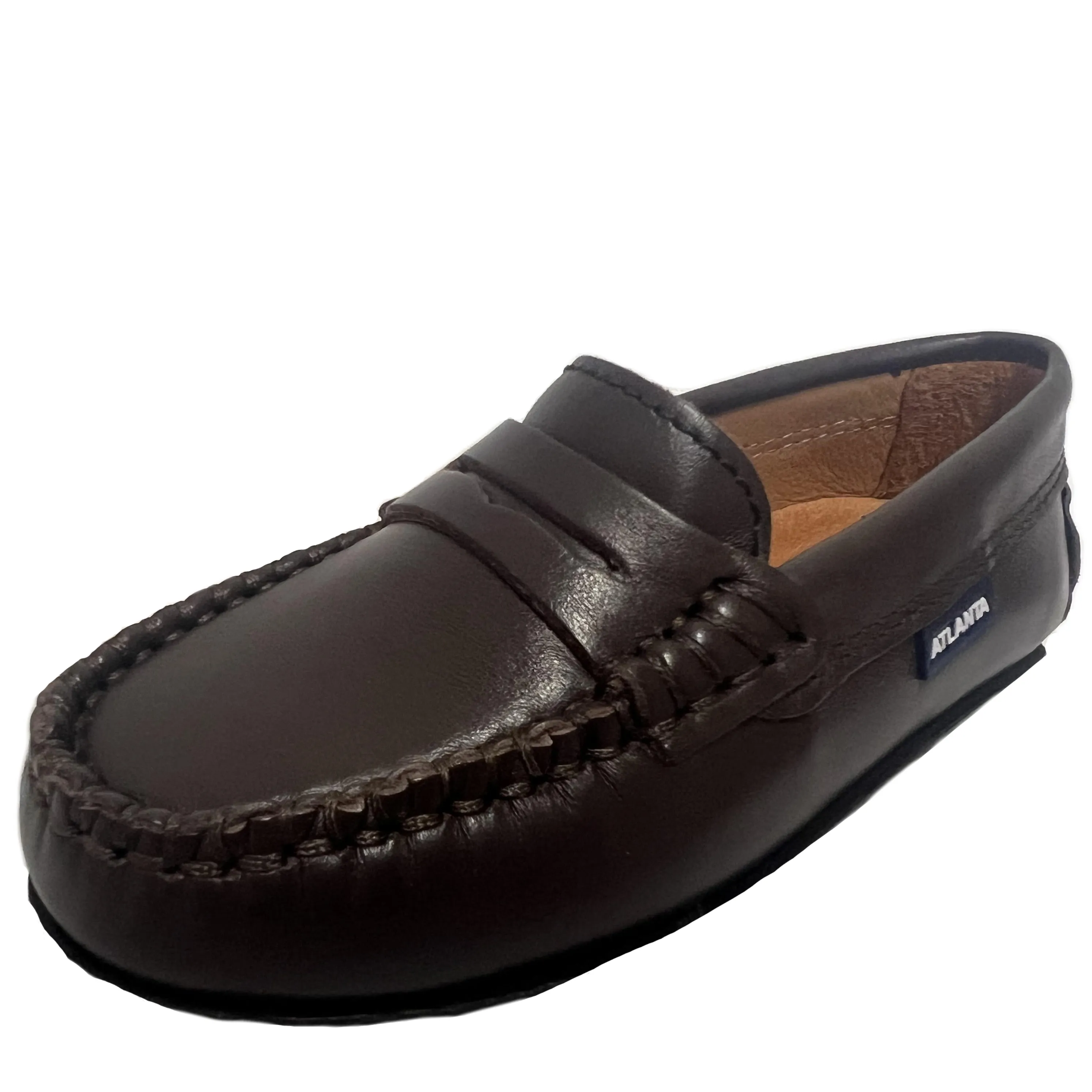Atlanta Mocassin Boy's and Girl's Smooth Leather Penny Loafers, Brown Dark Smooth boardroom style