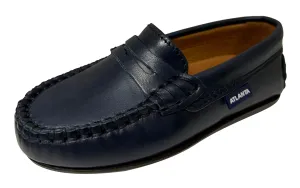Atlanta Mocassin Boy's and Girl's Smooth Leather Penny Loafers, Navy Blue Sierra Antik tone down