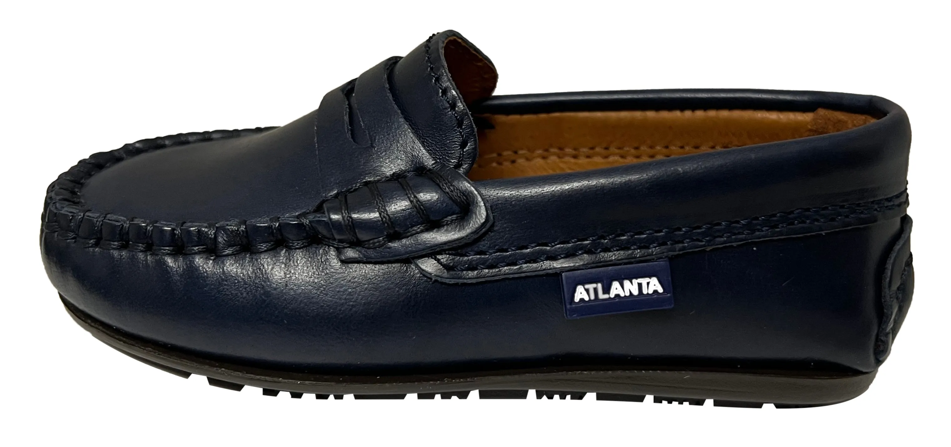 Atlanta Mocassin Boy's and Girl's Smooth Leather Penny Loafers, Navy Blue Sierra Antik refined edge