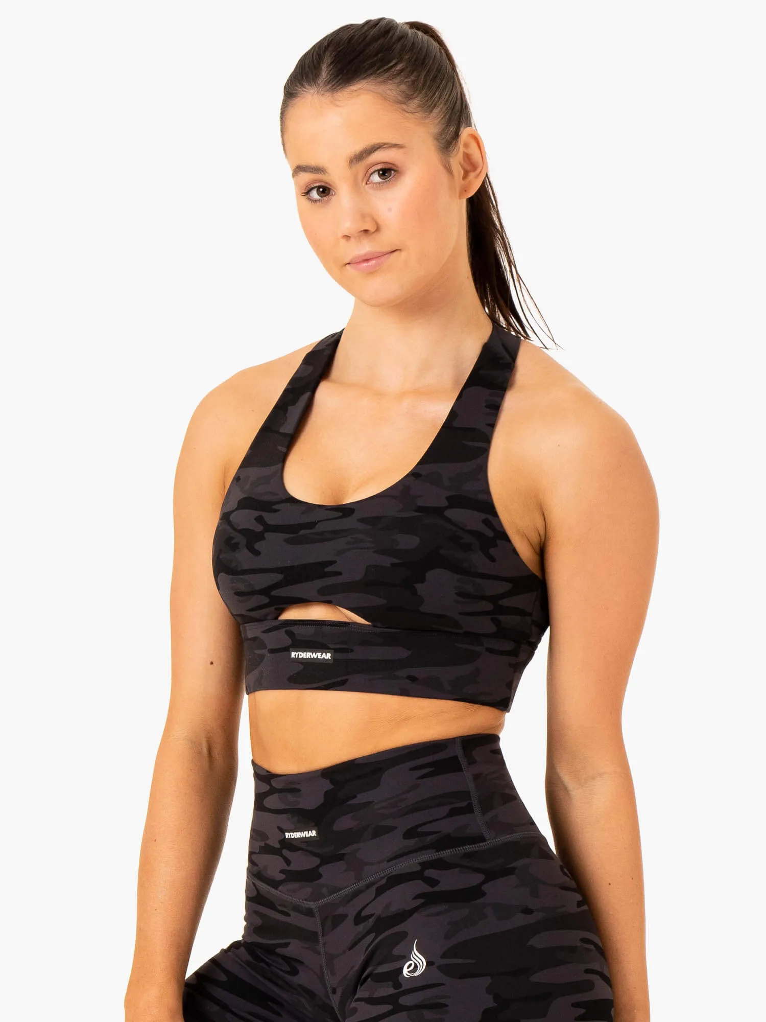 Base Racer Back Sports Bra - Black Camo Elastic Band