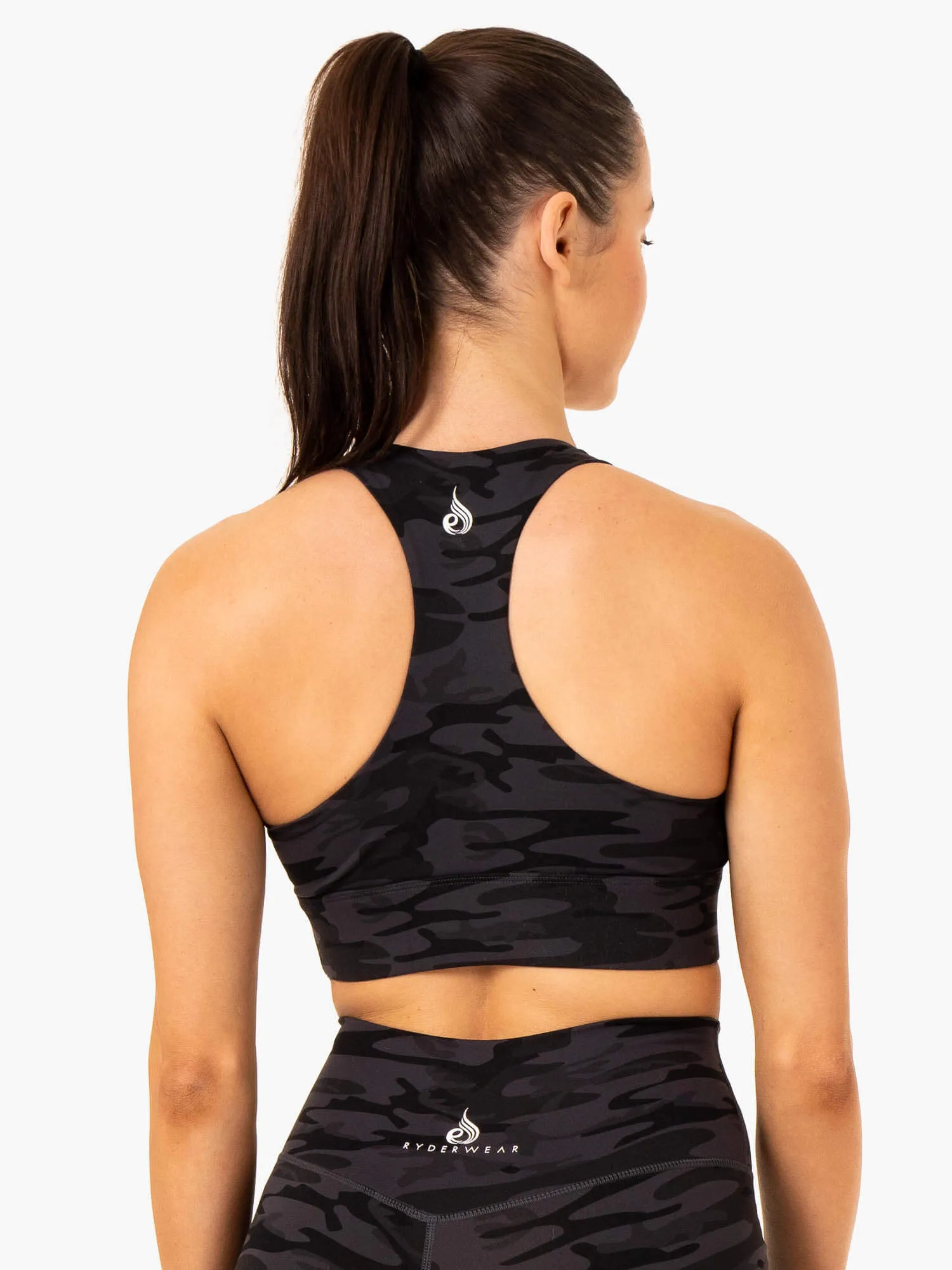 Base Racer Back Sports Bra - Black Camo Stable Coverage