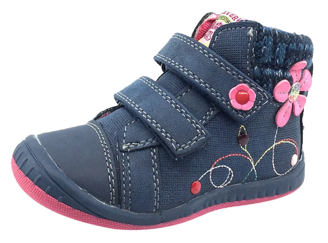 Beeko Girl's Nellie Double Hook and Loop Closure Flower Sneaker Shoes, Navy Blue calm fit