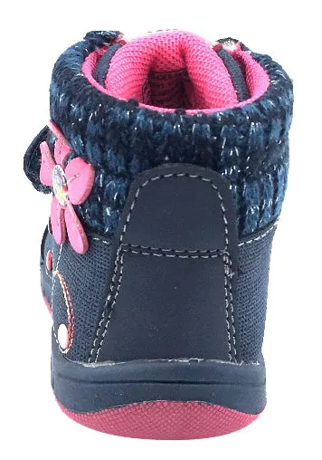 Beeko Girl's Nellie Double Hook and Loop Closure Flower Sneaker Shoes, Navy Blue true comfort