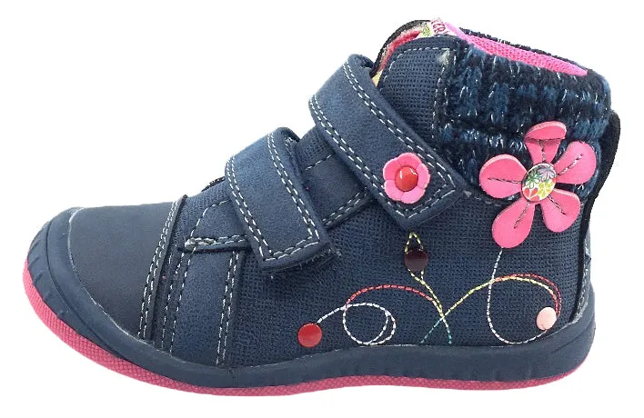 Beeko Girl's Nellie Double Hook and Loop Closure Flower Sneaker Shoes, Navy Blue fit busy