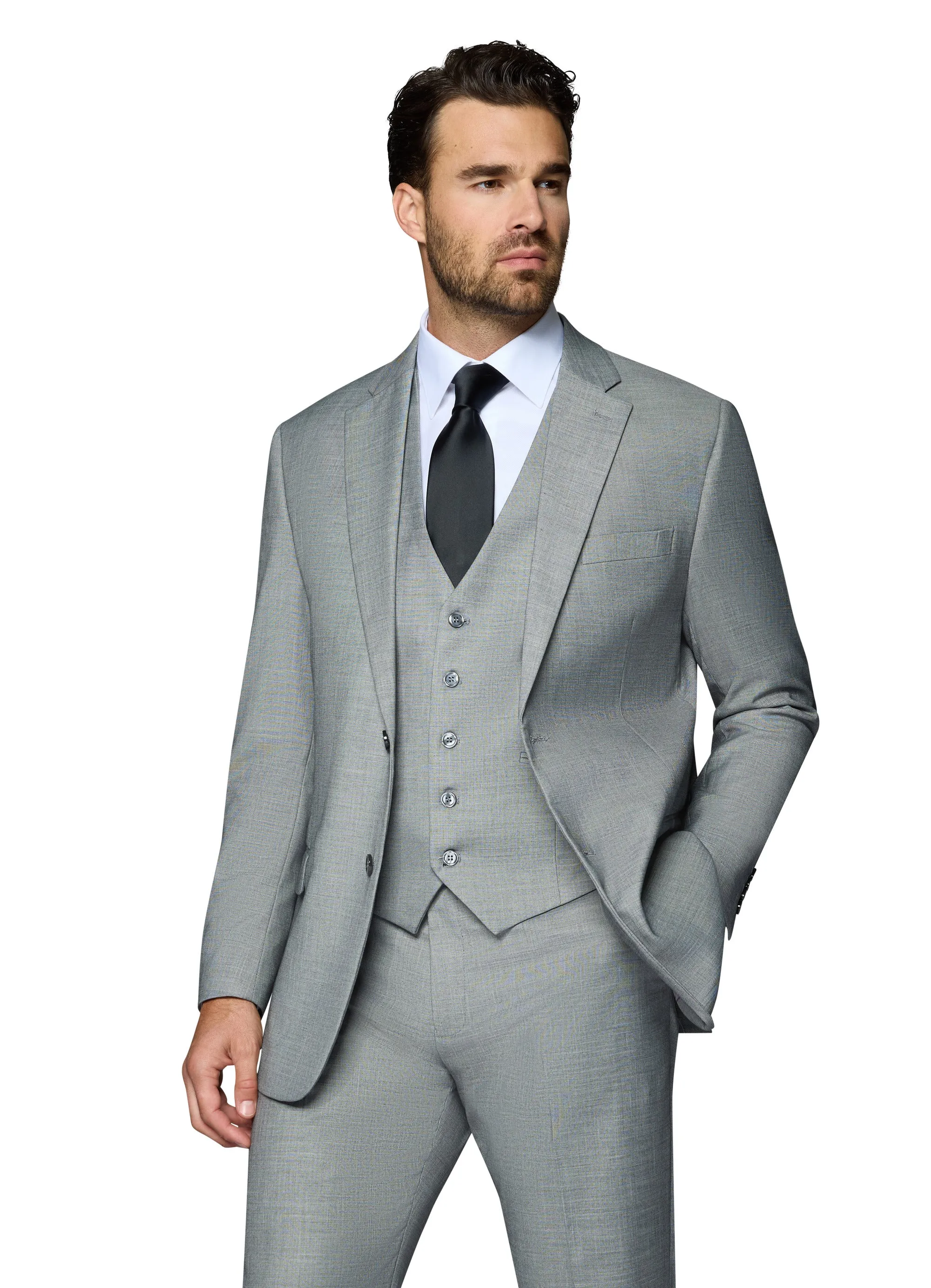 Bergamo Elegant Sharkskin Vested Slim Fit Grey Suit business casual