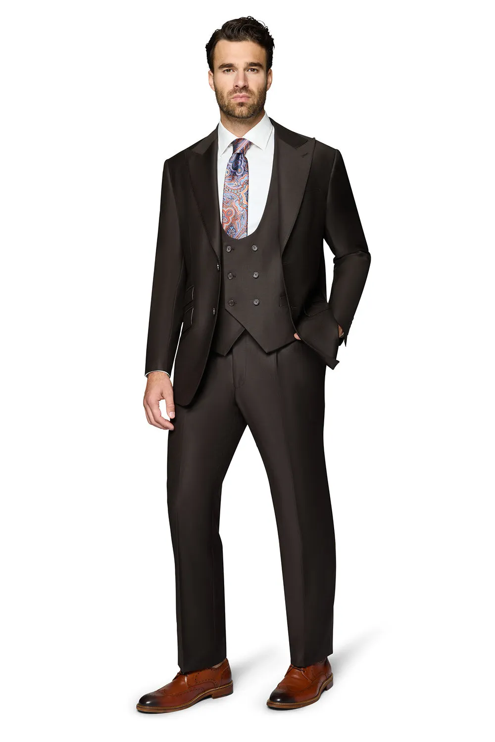 Bergamo Essex Elegant - Faille Wool Solid Suit - Brown classic elegance