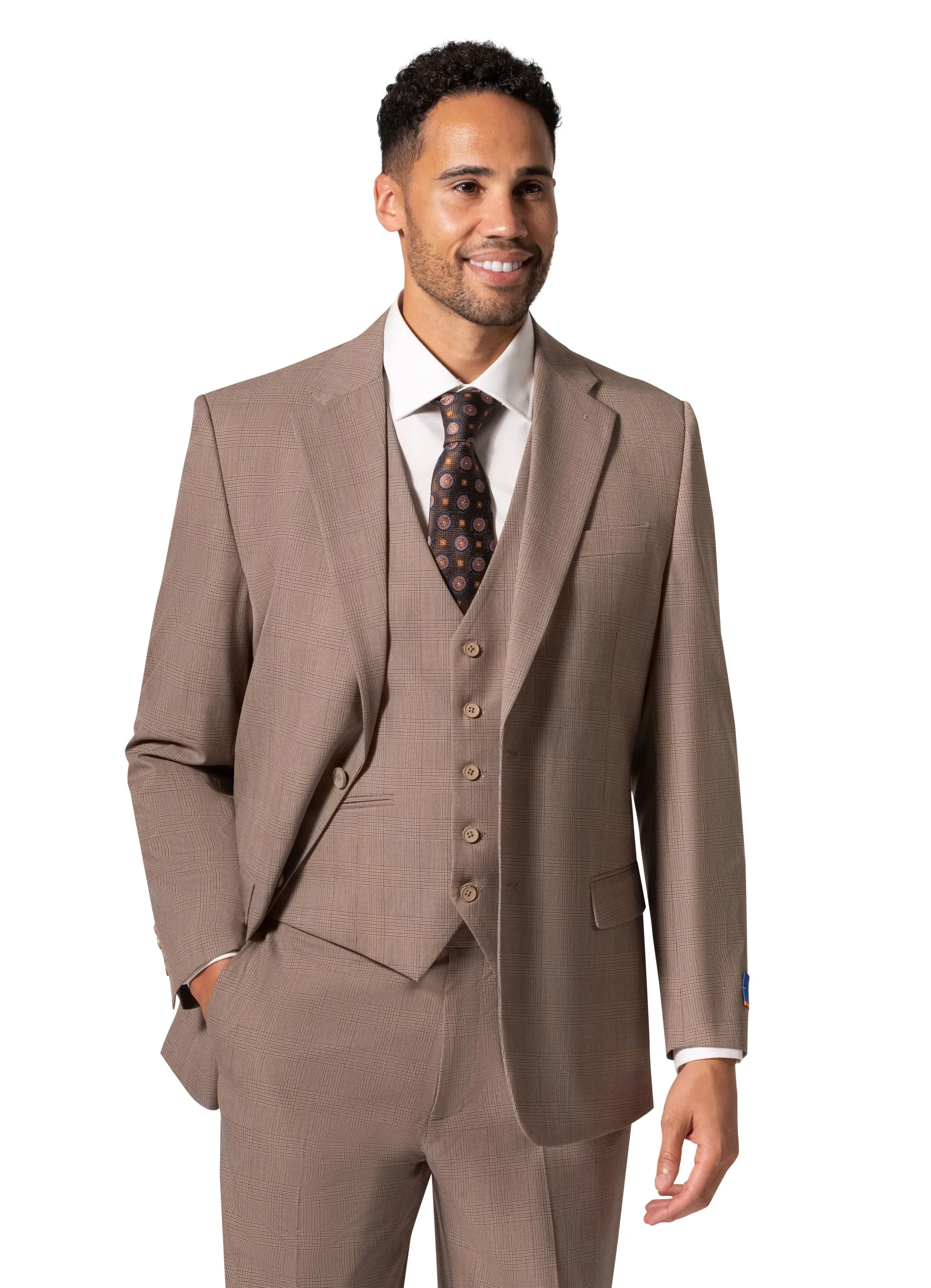 Bergamo Orange BP04KE-07 3PC Notch Modern Big & Tall Suit - Tan quality stitching