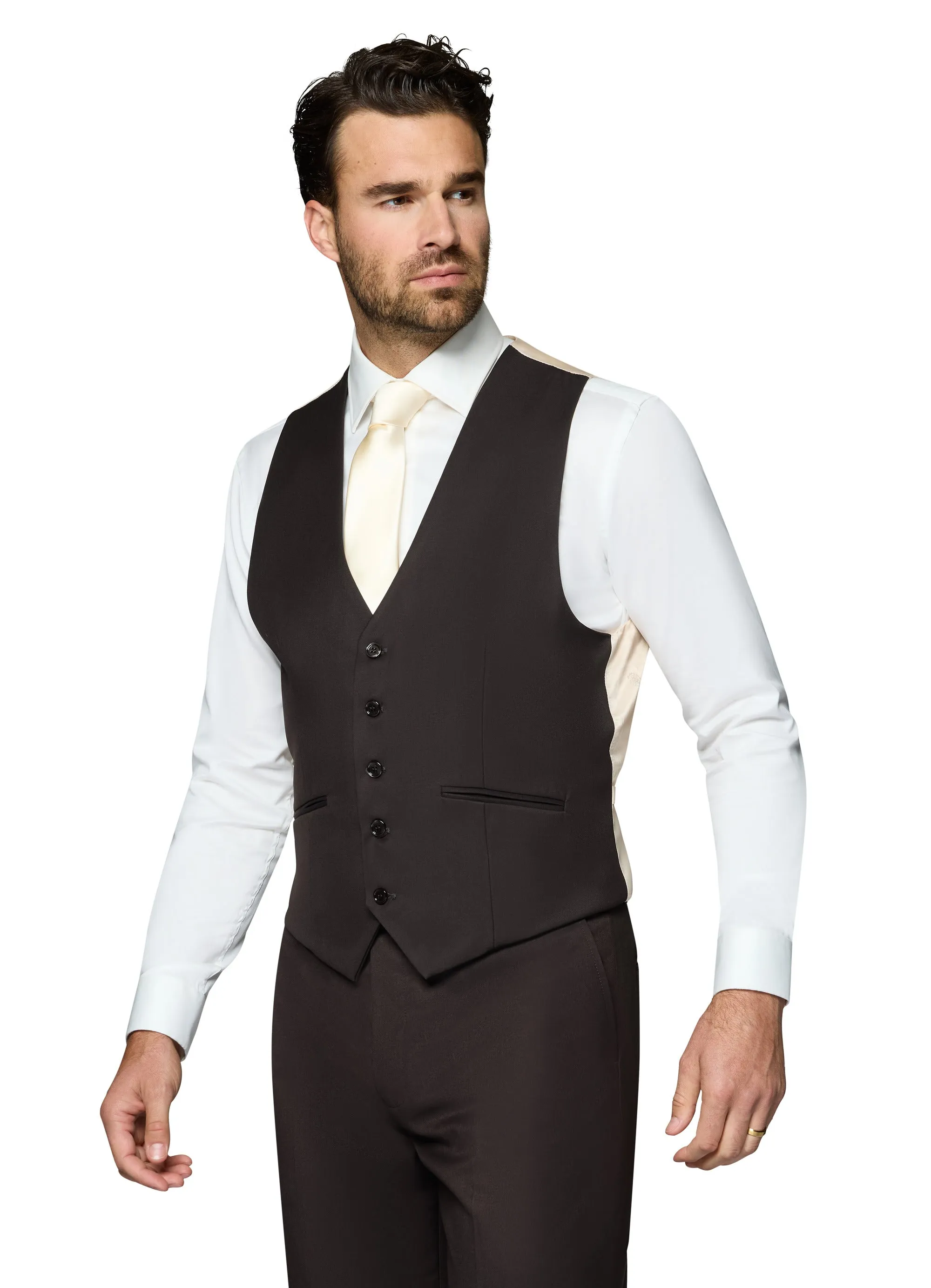 Bergamo Orange Vested Solid Dark Brown Modern Fit bespoke outfit