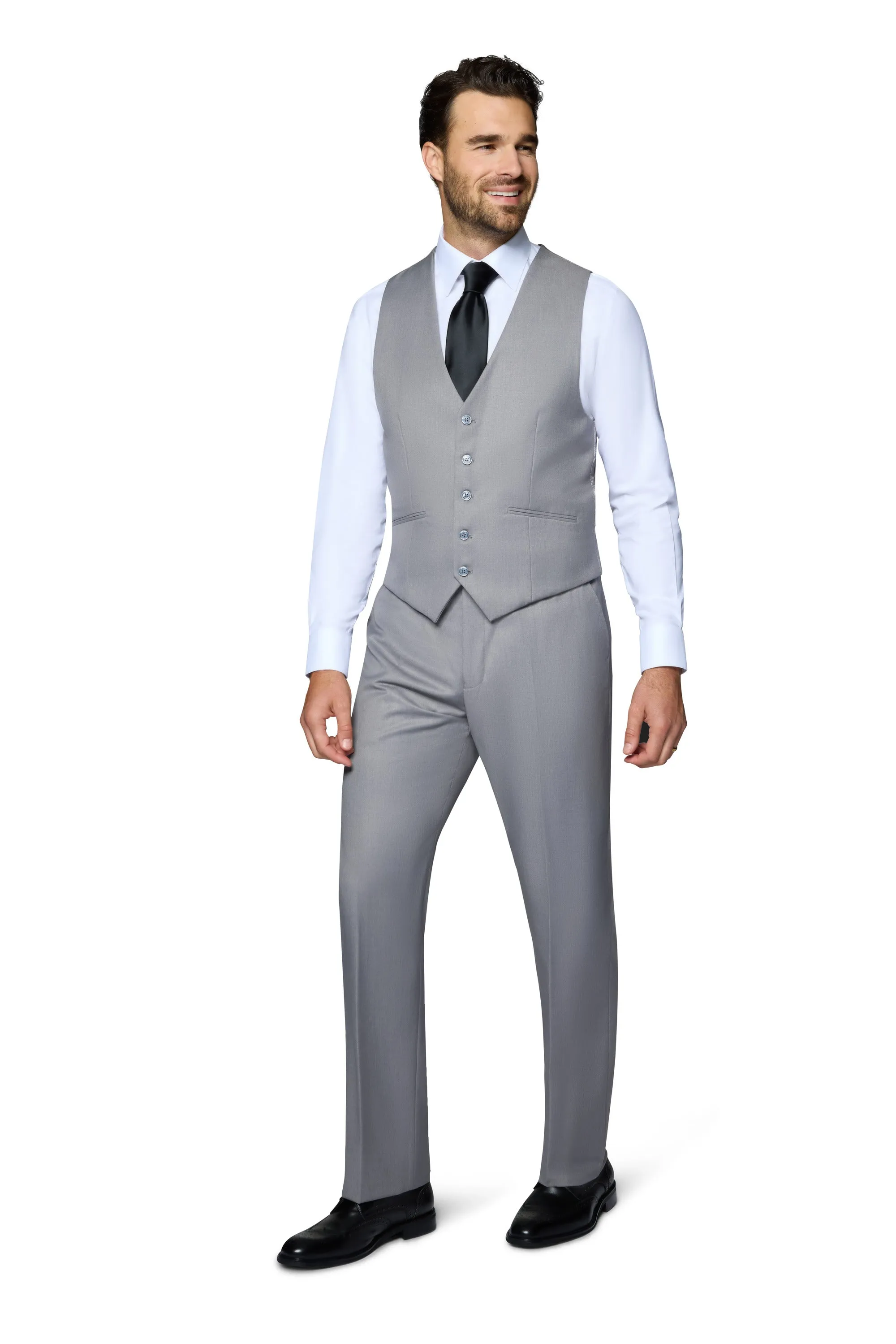 Bergamo Orange Vested Solid Light Grey Slim Fit photo shoot look