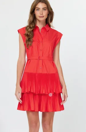 Button Down Tiered Mini Dress with Self Belt Relaxed fit
