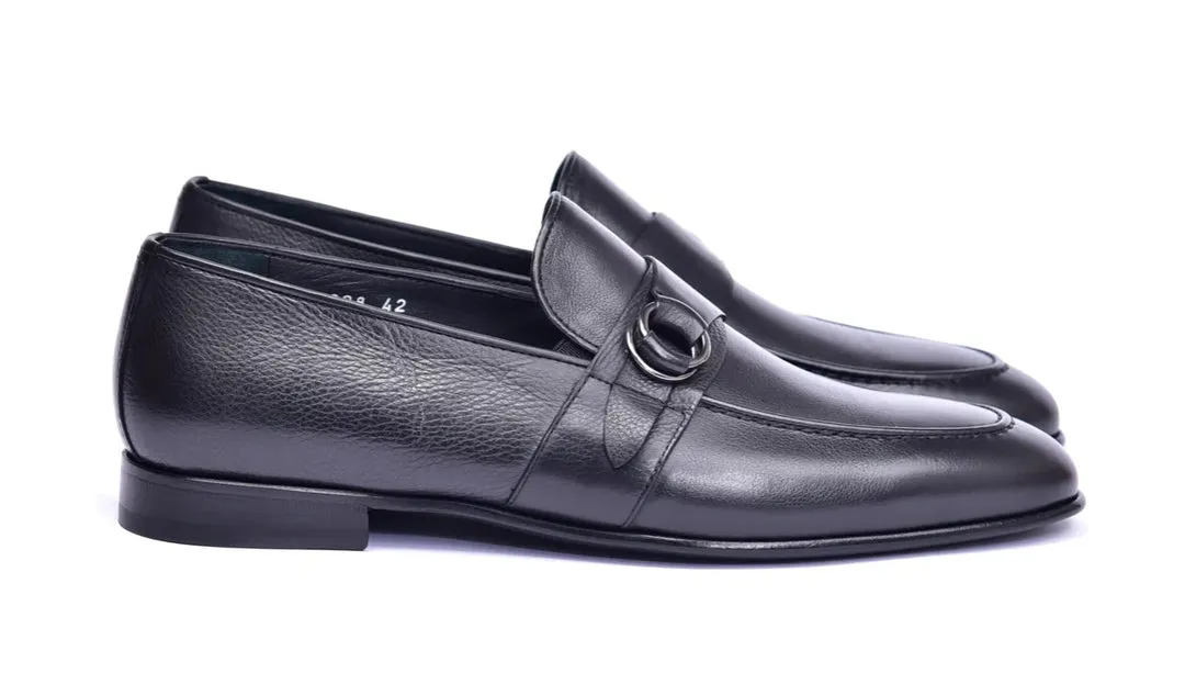 Corrente 6628 Leather slip-on Side Buckle Loafer - Black all match