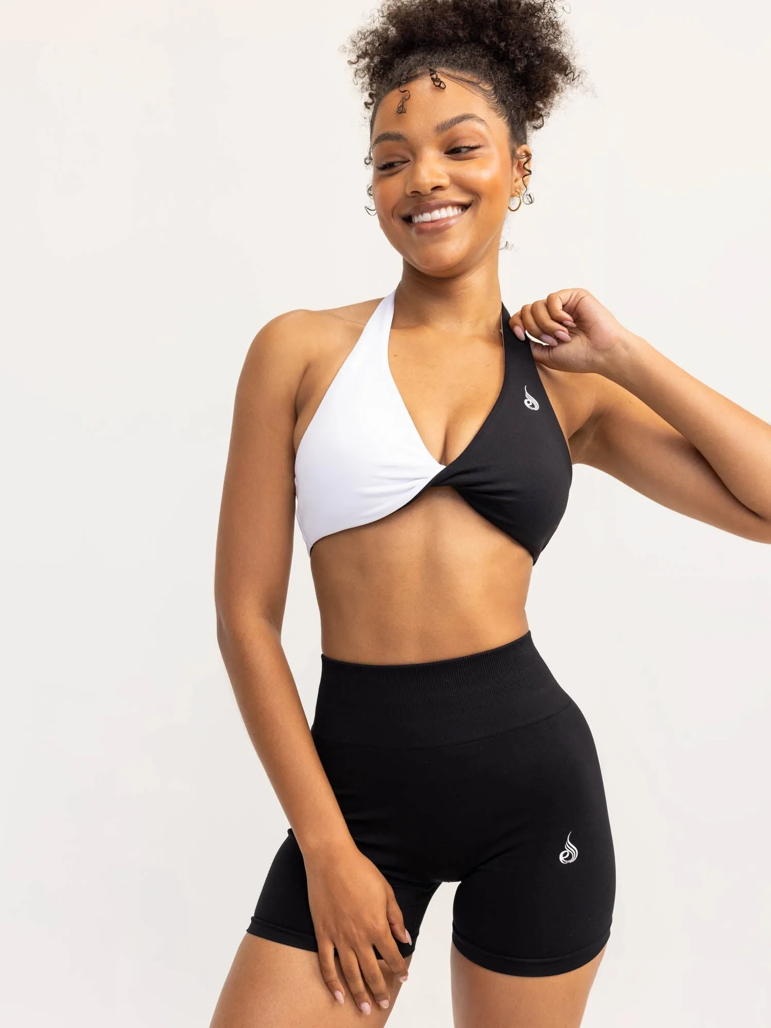 Duo Halter Twist Sports Bra - Black/White Elastic Comfort