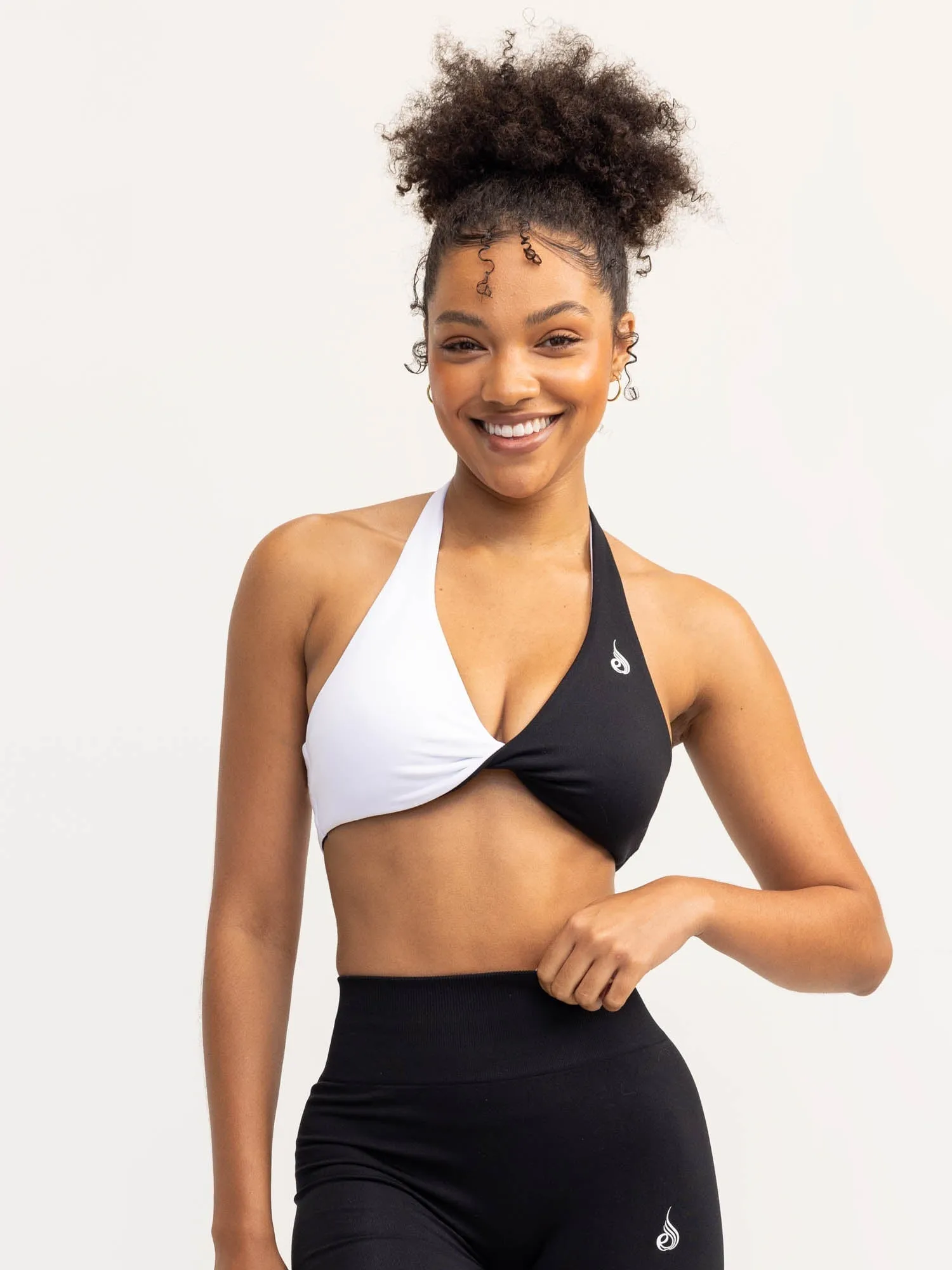 Duo Halter Twist Sports Bra - Black/White Comfort Fit