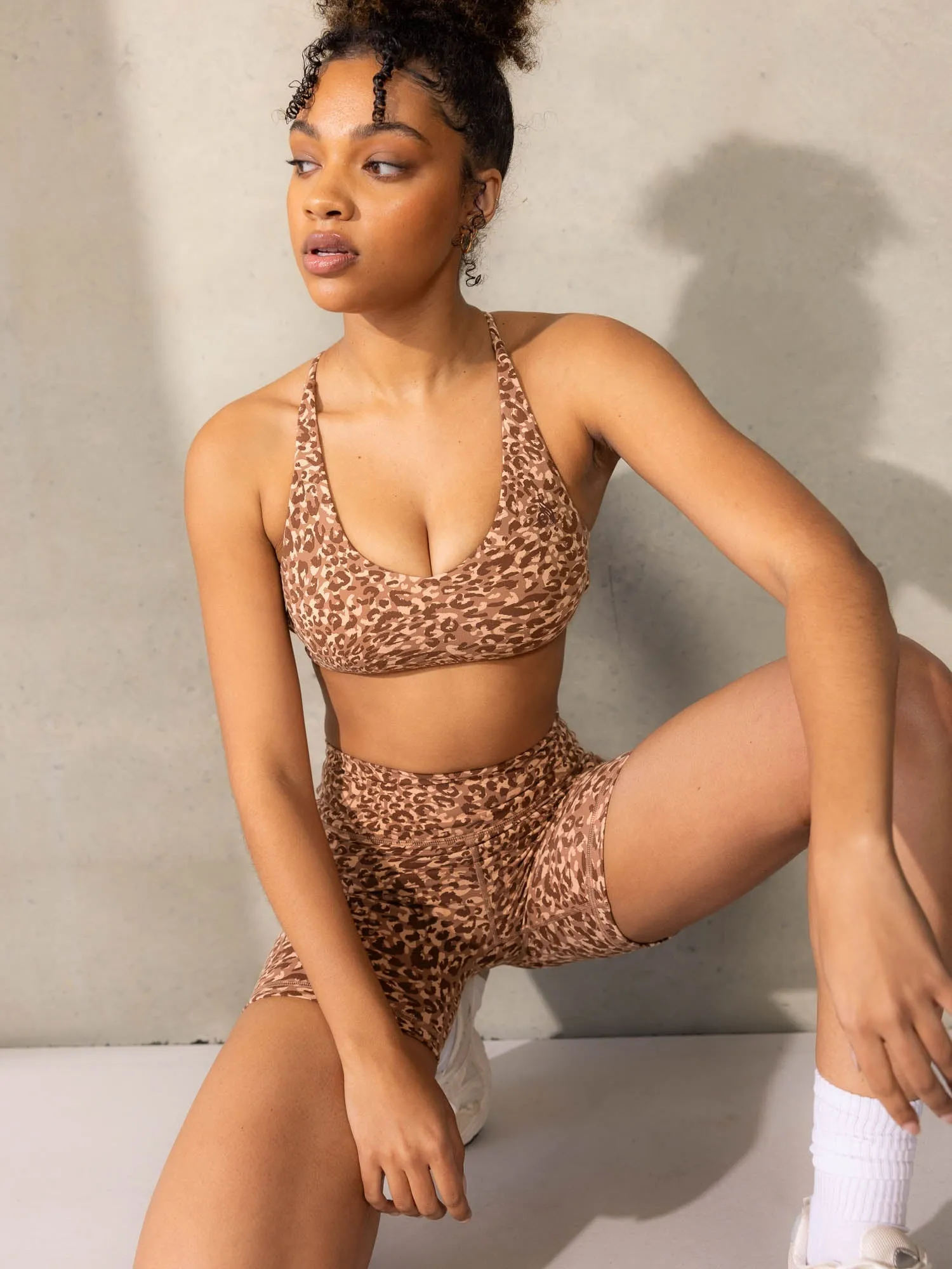 Empower Sports Crop - Mocha Leopard Layered Support