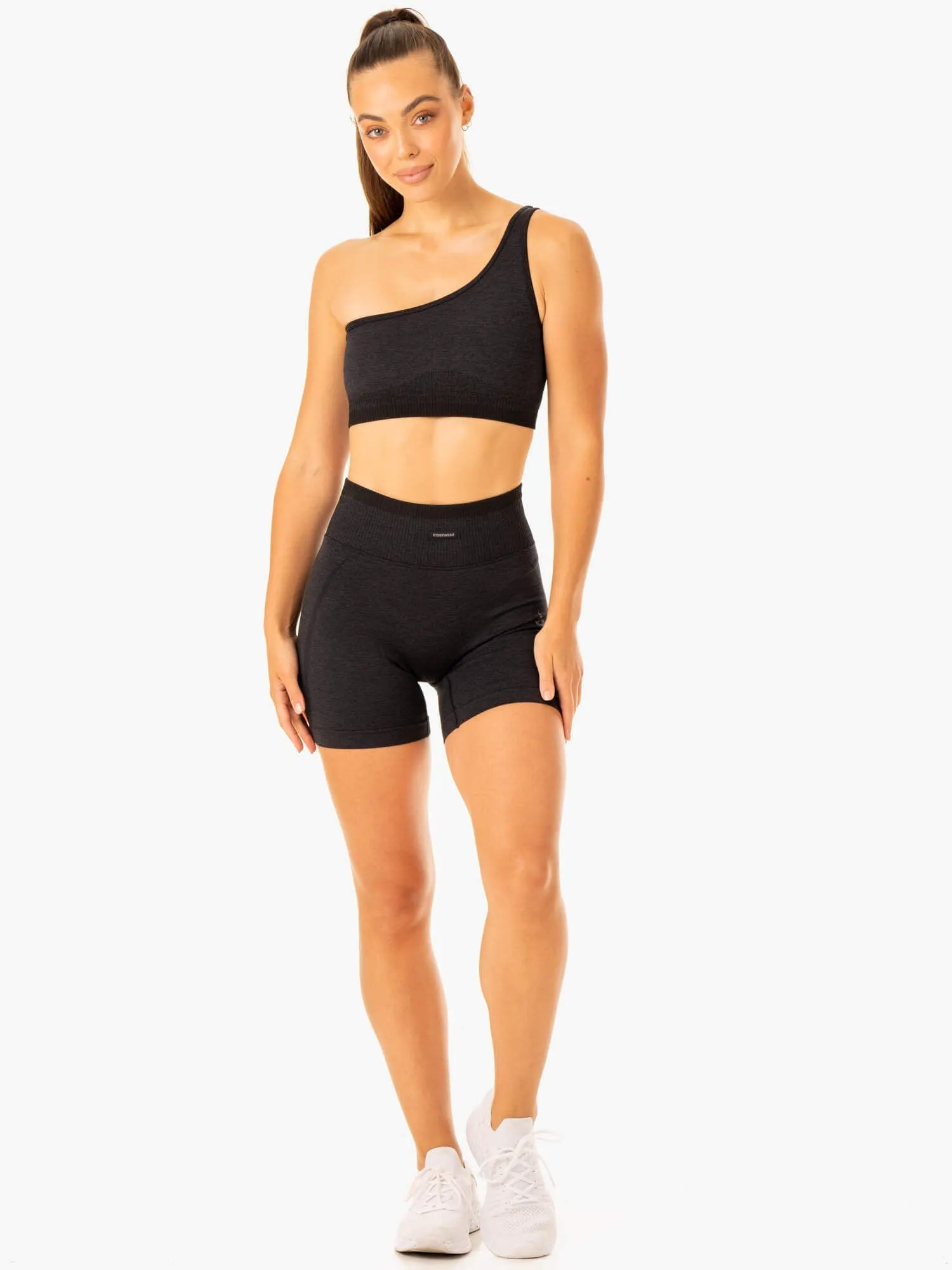 Excel Seamless One Shoulder Sports Bra - Black Marl Quick Dry