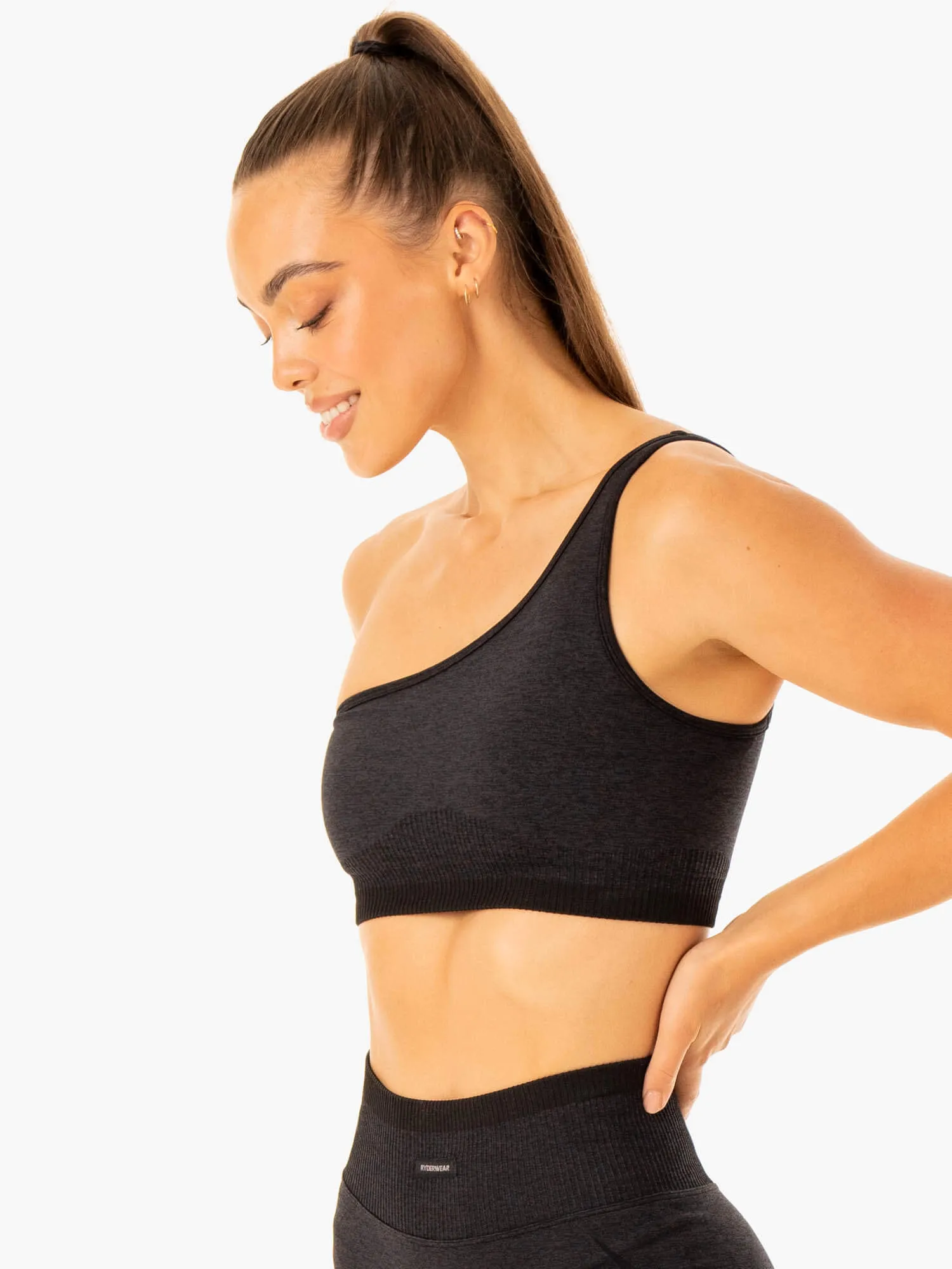 Excel Seamless One Shoulder Sports Bra - Black Marl Elastic Comfort