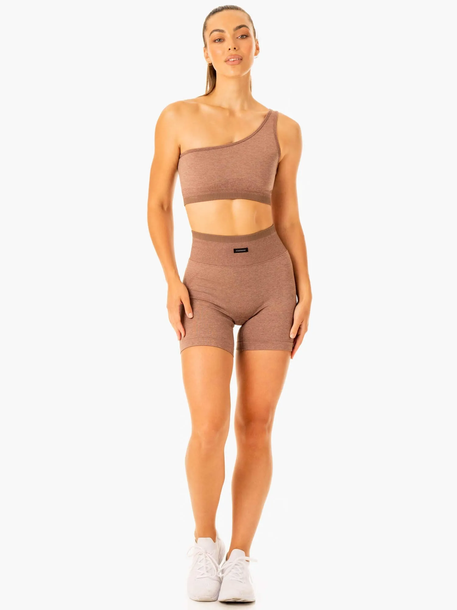 Excel Seamless One Shoulder Sports Bra - Mocha Marl No Pressure