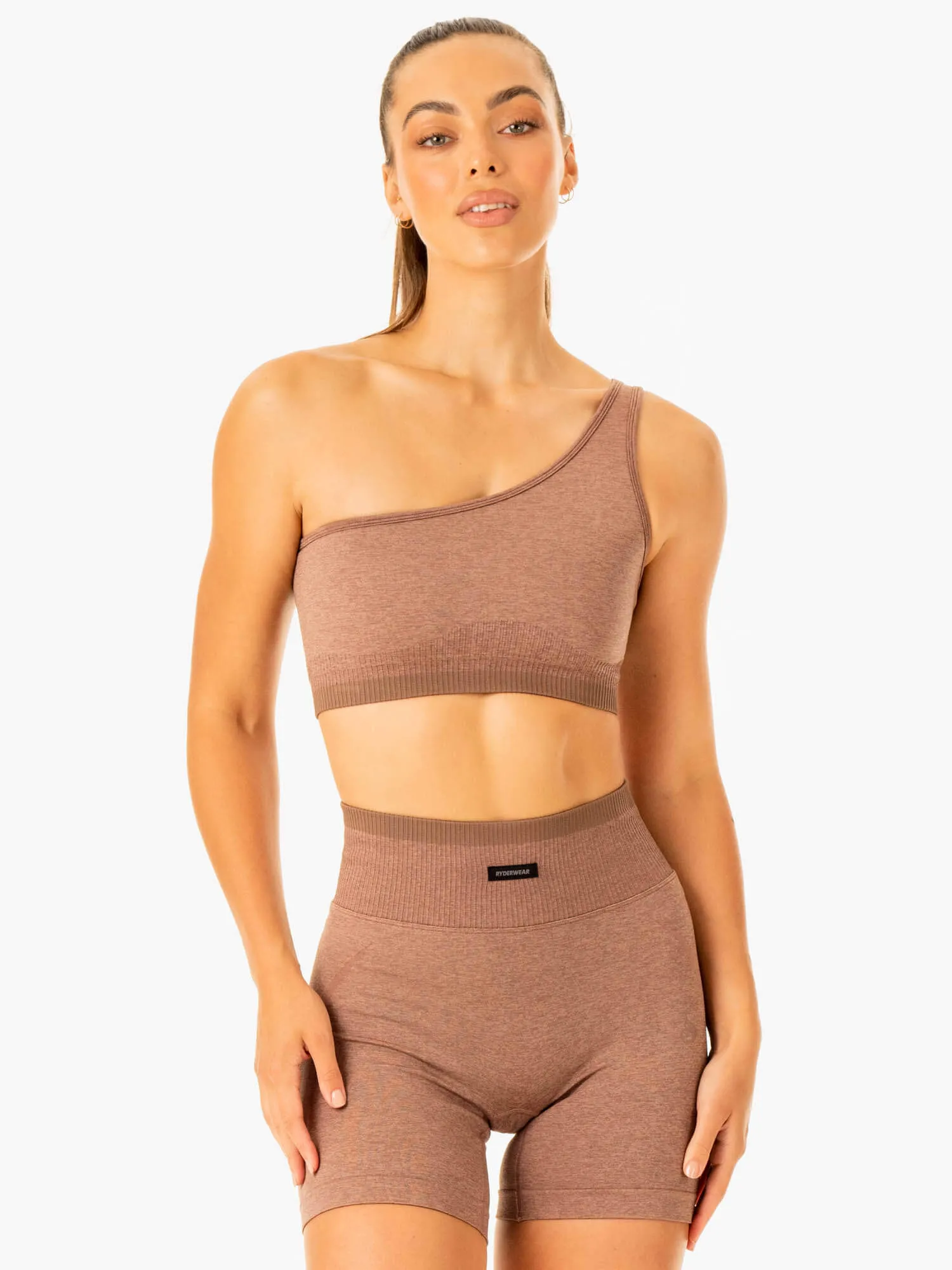 Excel Seamless One Shoulder Sports Bra - Mocha Marl Stable Fit
