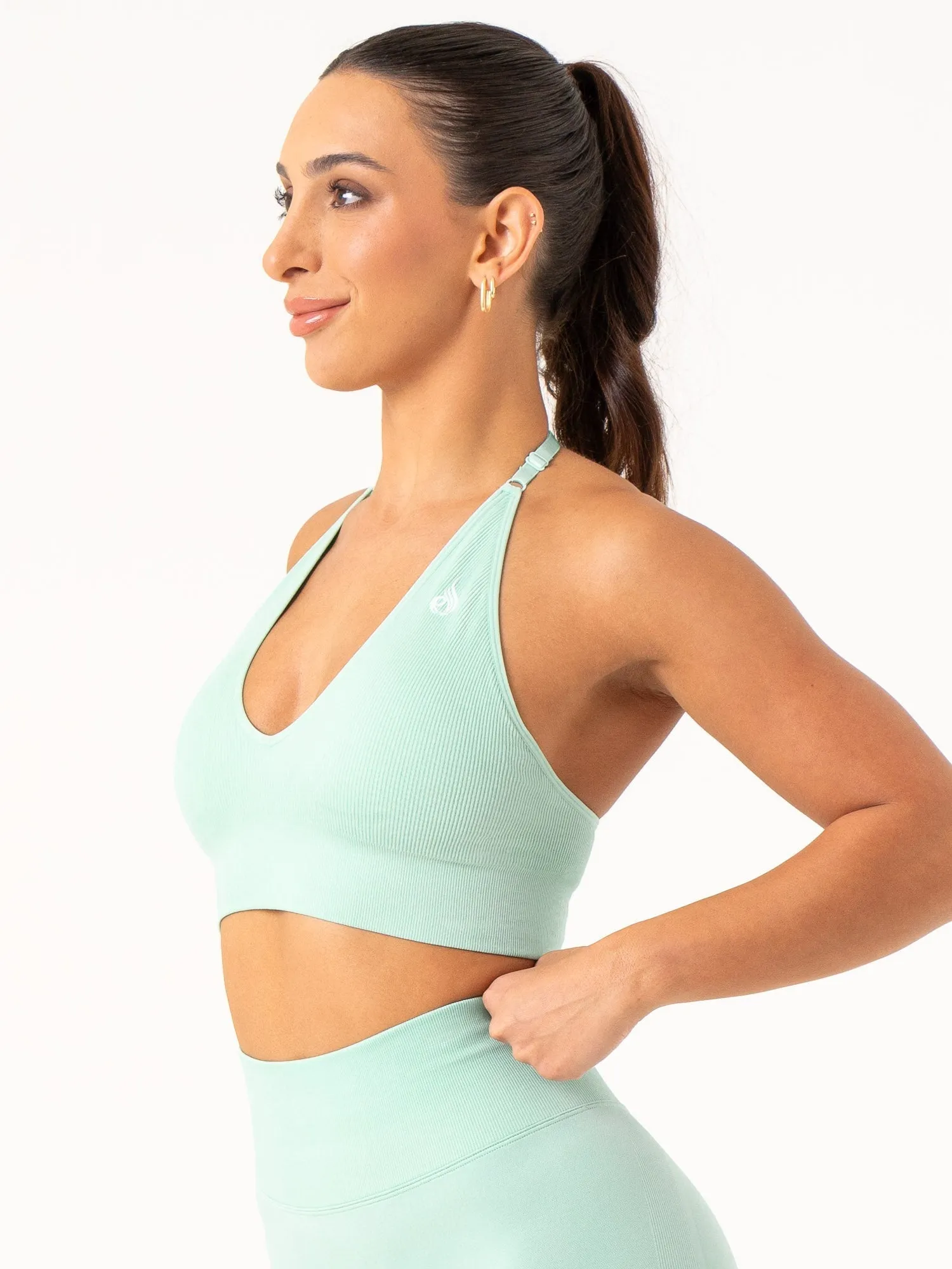 Lift Rib Seamless Halter Sports Bra - Aqua Anti Odor