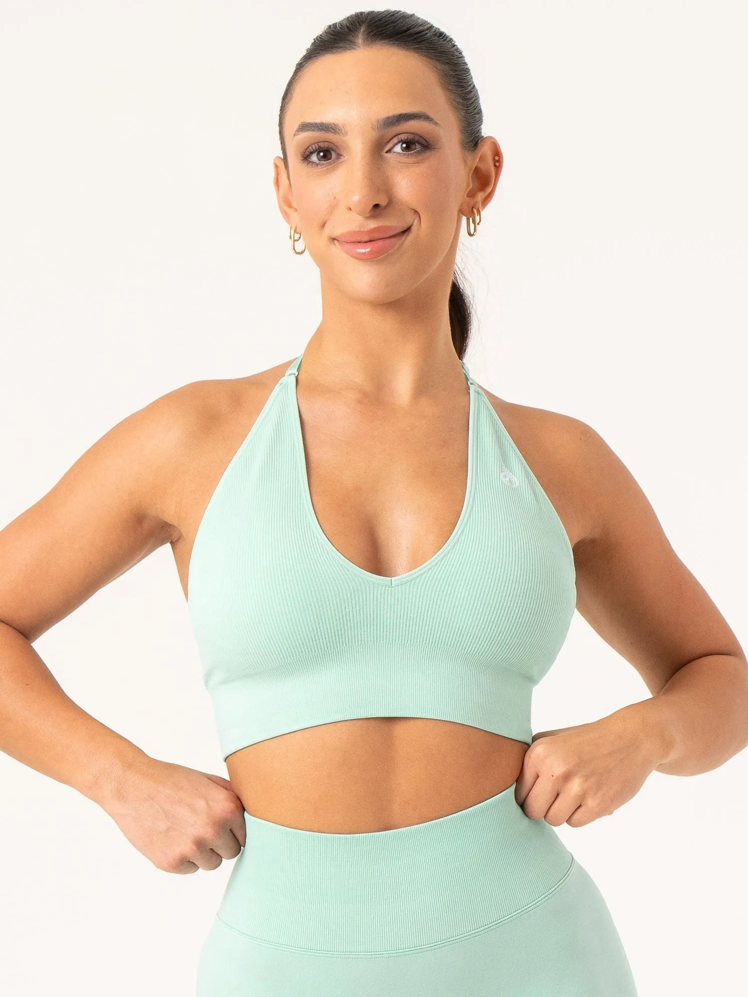 Lift Rib Seamless Halter Sports Bra - Aqua Skin Friendly