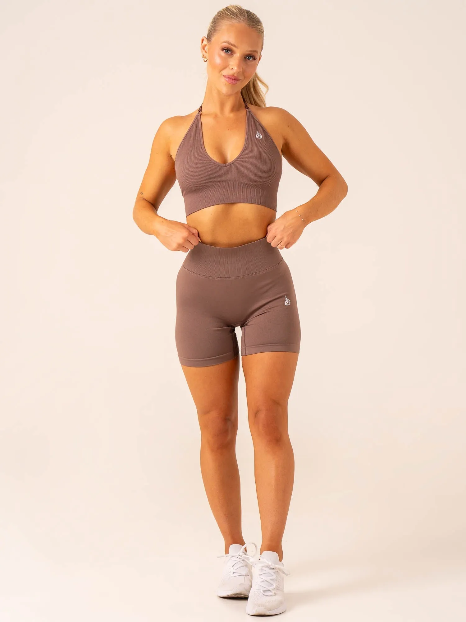 Lift Rib Seamless Halter Sports Bra - Deep Taupe Light Weight