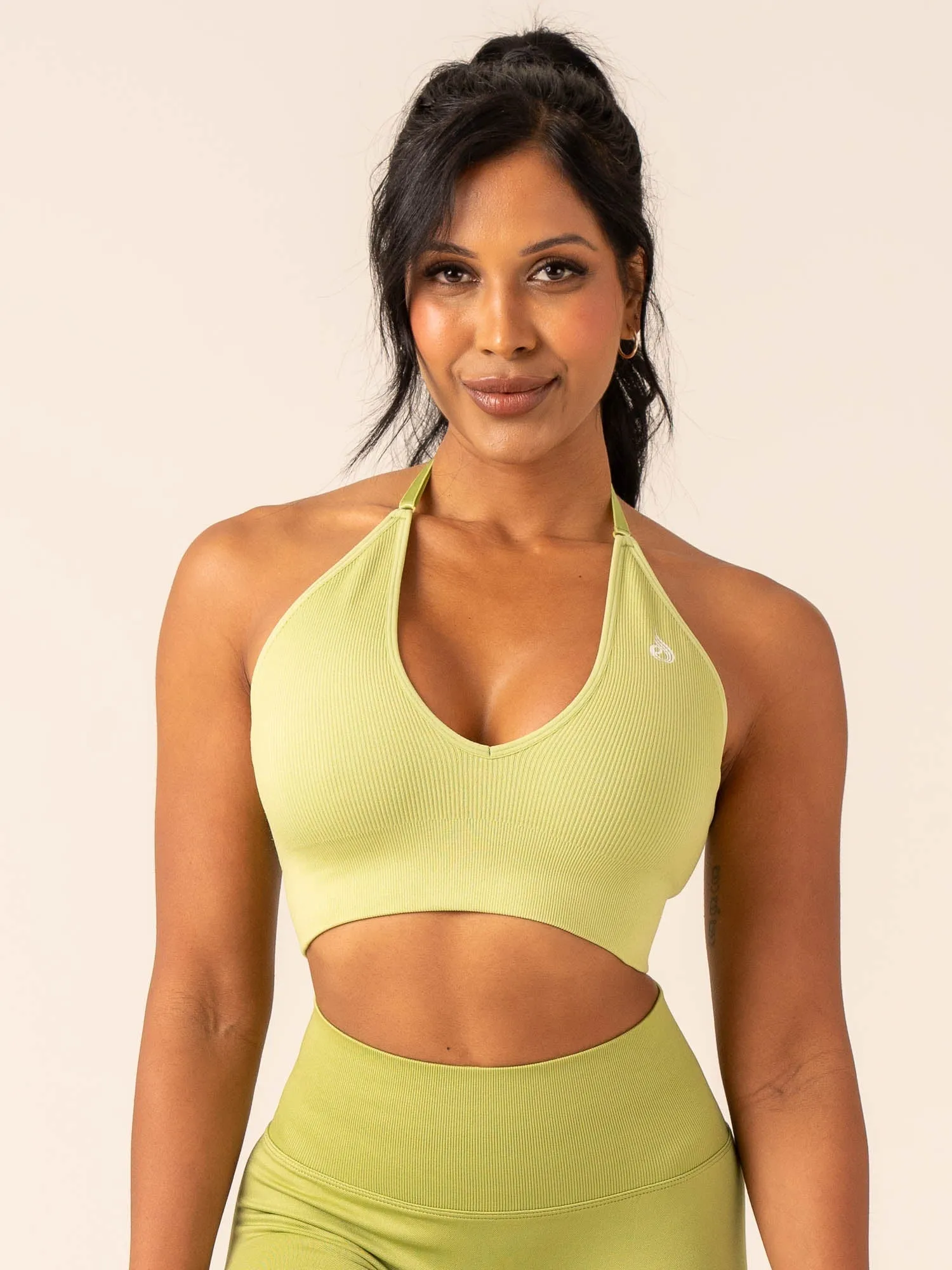 Lift Rib Seamless Halter Sports Bra - Olive Double Layer