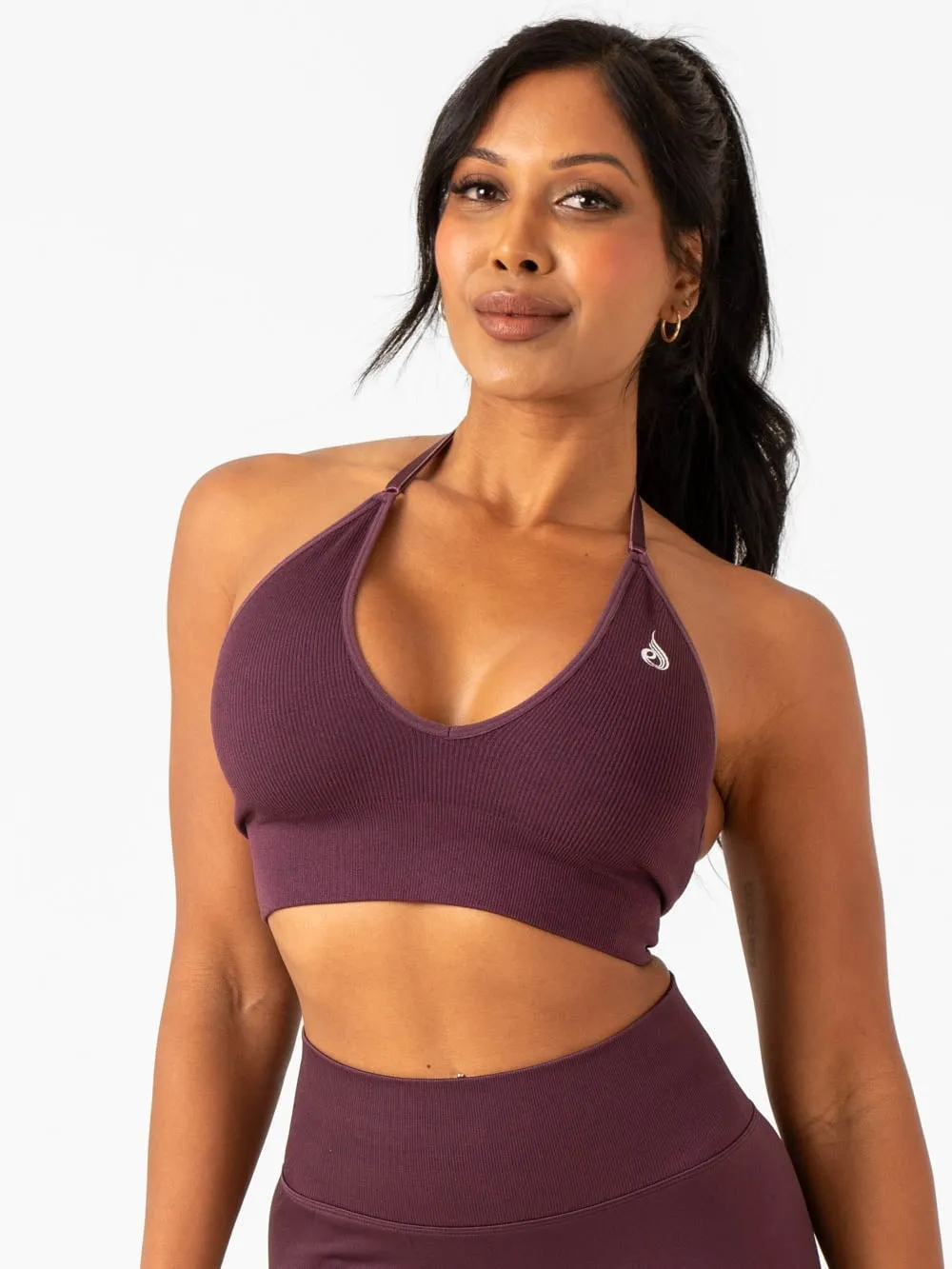 Lift Rib Seamless Halter Sports Bra - Plum Thin Material