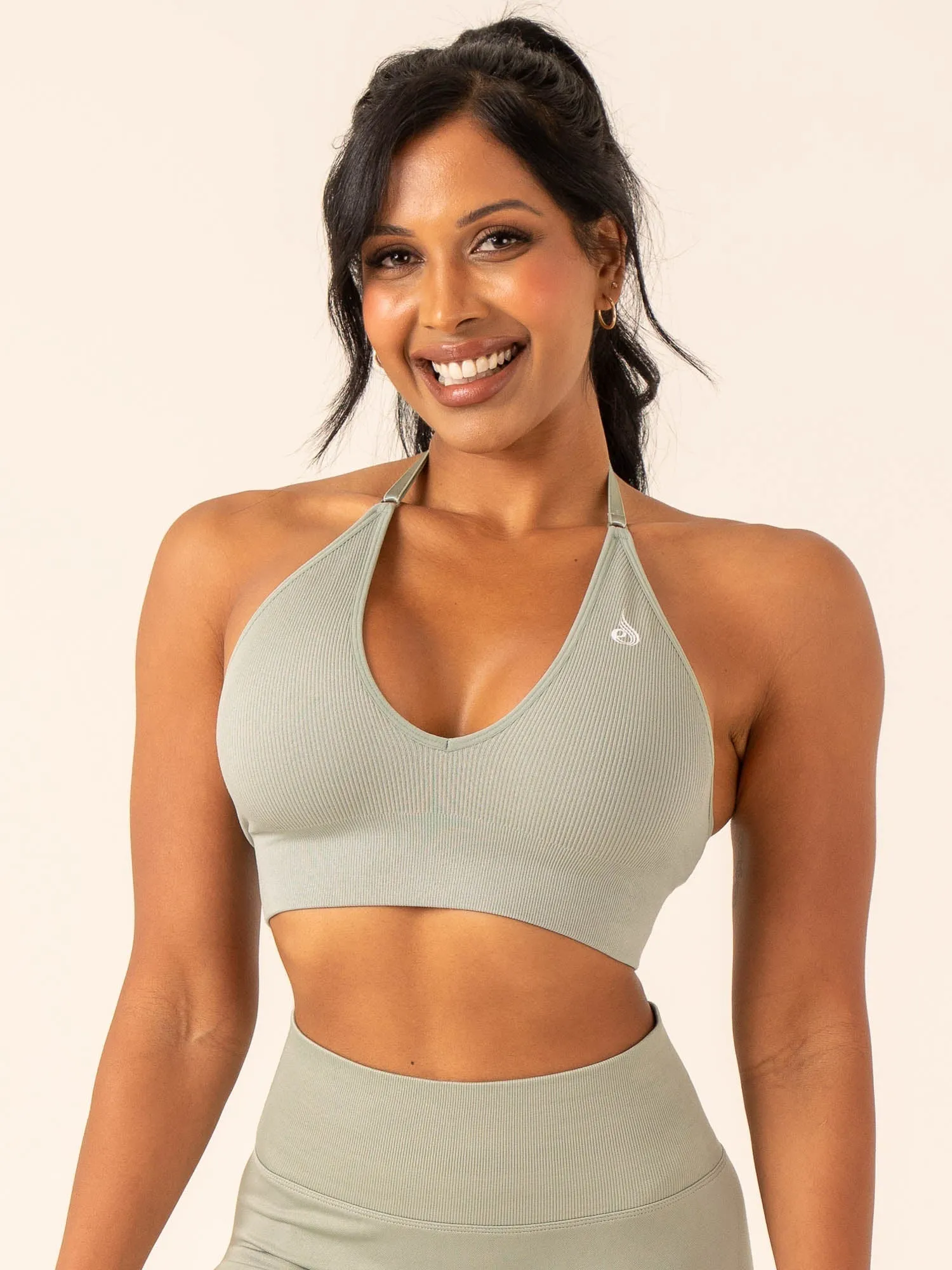 Lift Rib Seamless Halter Sports Bra - Sage High Elastic
