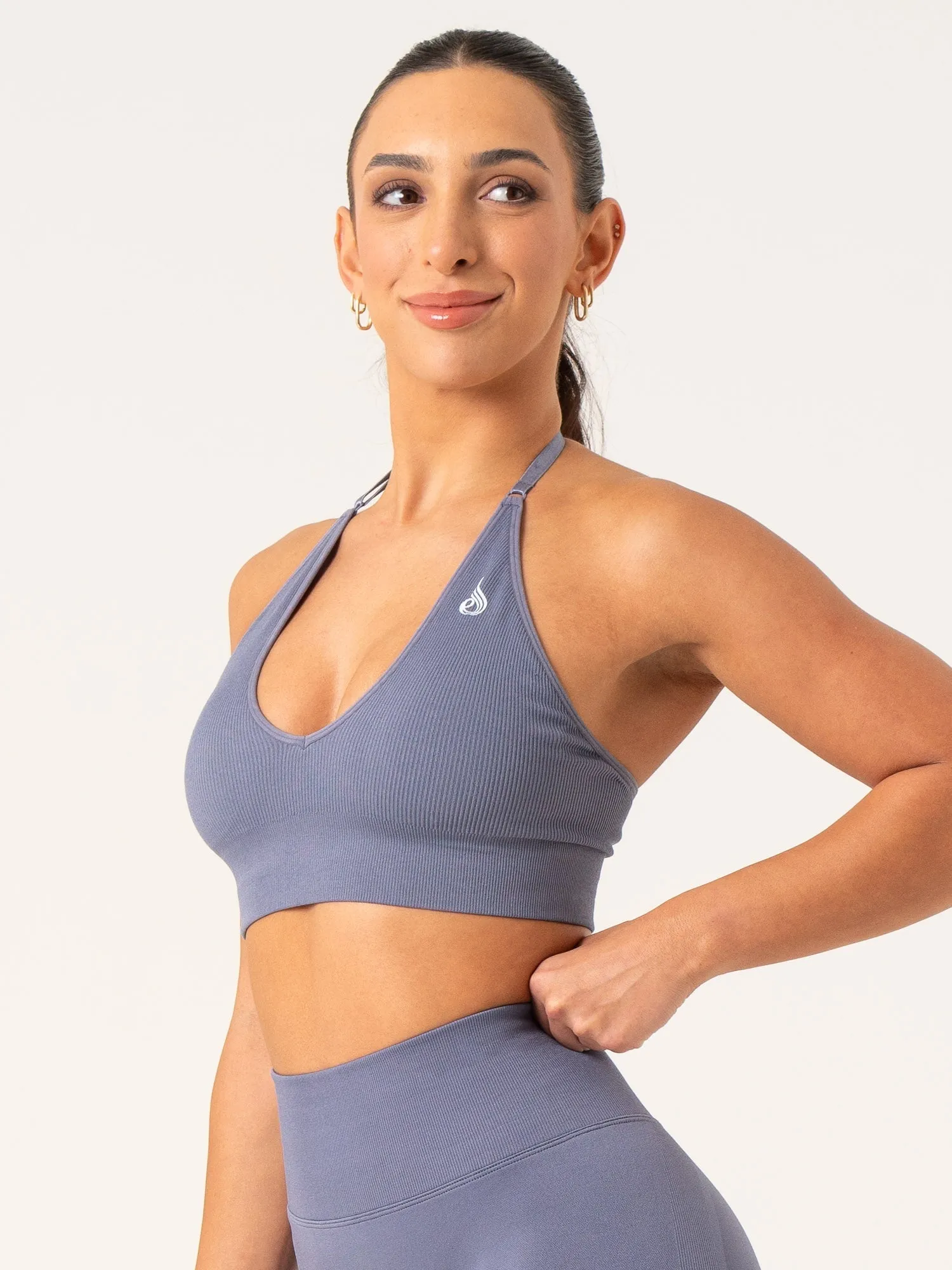 Lift Rib Seamless Halter Sports Bra - Slate Blue Elastic Wrap