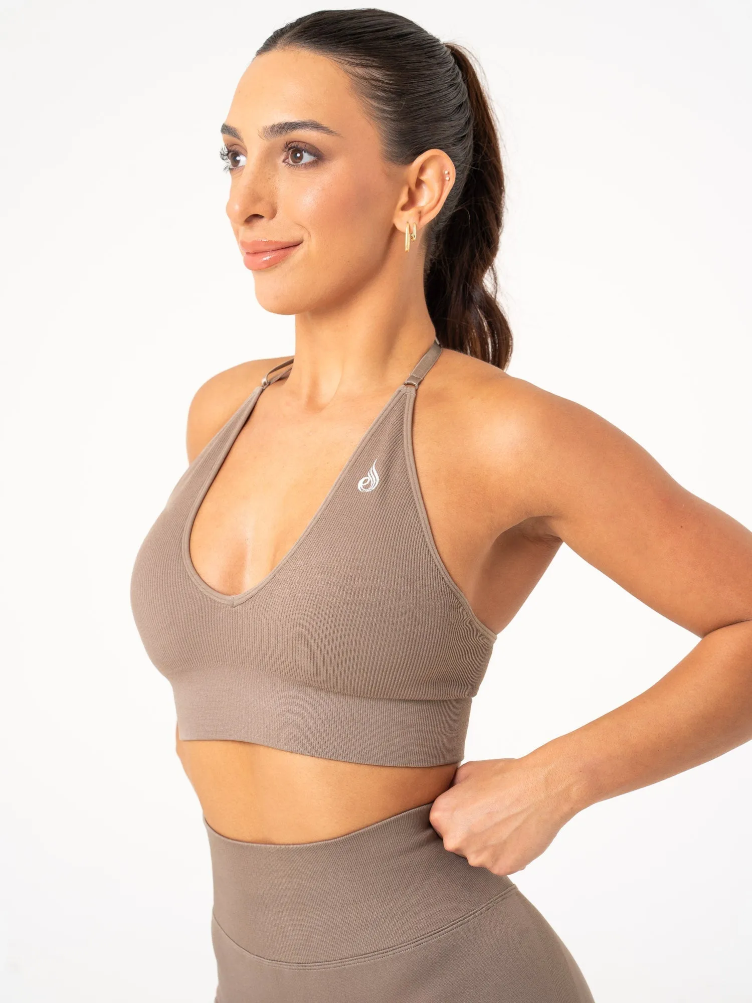 Lift Rib Seamless Halter Sports Bra - Taupe Cushion Support