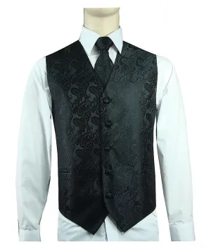 Men's 20-1 Microfiber Paisley Vest, Tie & Hanky - Black Classic Element