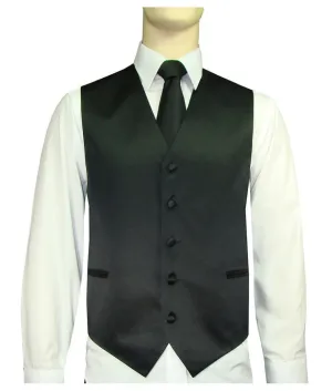 Men's Satin 10-1 Solid Vest, Tie & Hanky - Black Slim Cut