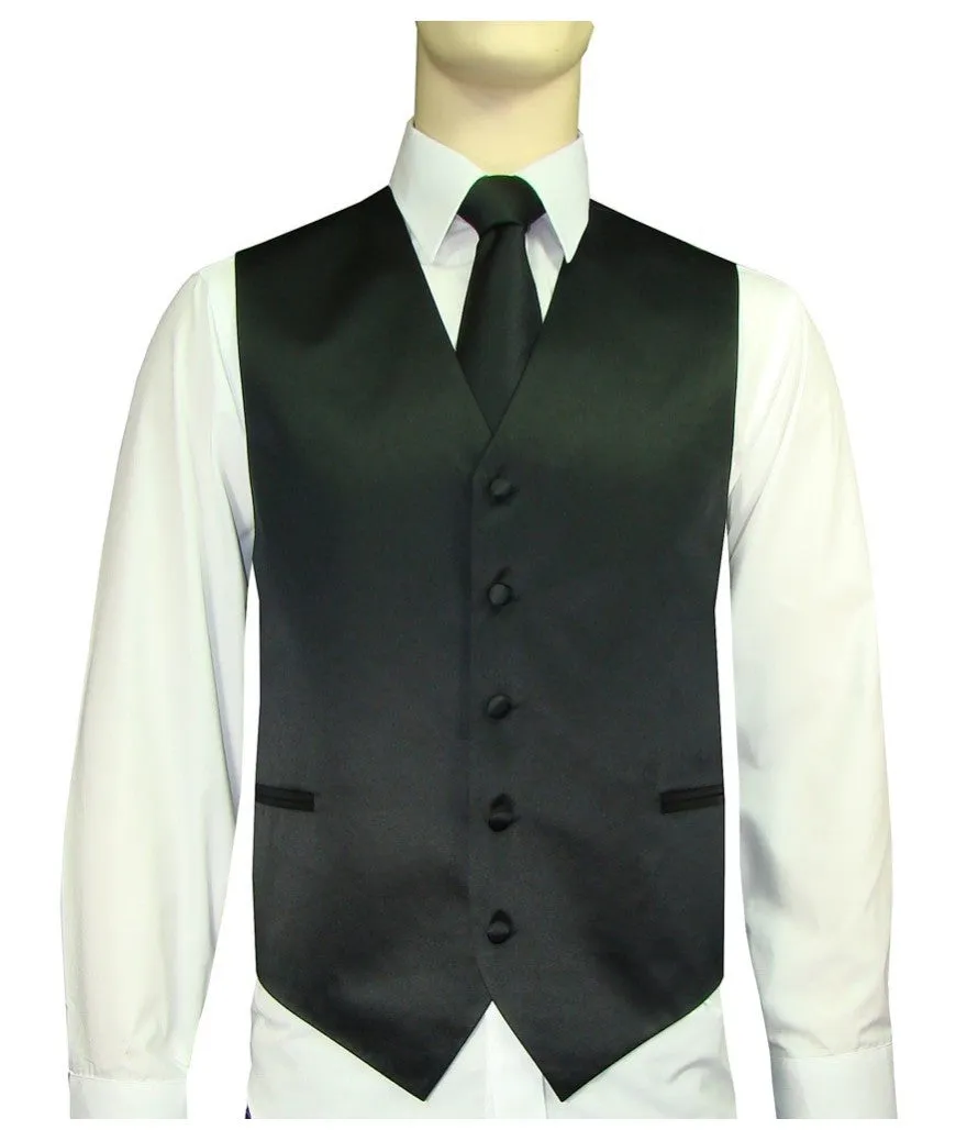 Men's Satin 10-1 Solid Vest, Tie & Hanky - Black Slim Cut