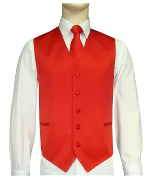 Men's Satin 10-1 Solid Vest, Tie & Hanky - Red Unique Style