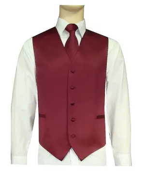 Men's Satin 10-1 Solid Vest, Tie & Hanky - Wine Burgundy Solid Charm